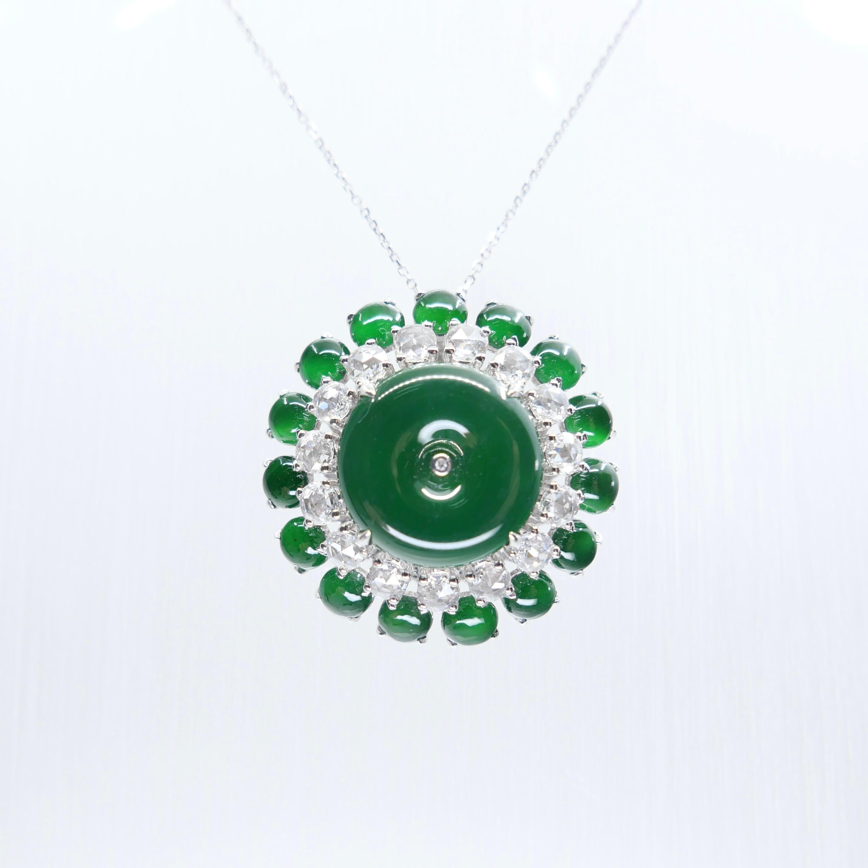 Certified Jade Rose Cut Diamond Ring & Pendant. Imperial Green Substantial Size! For Sale 2