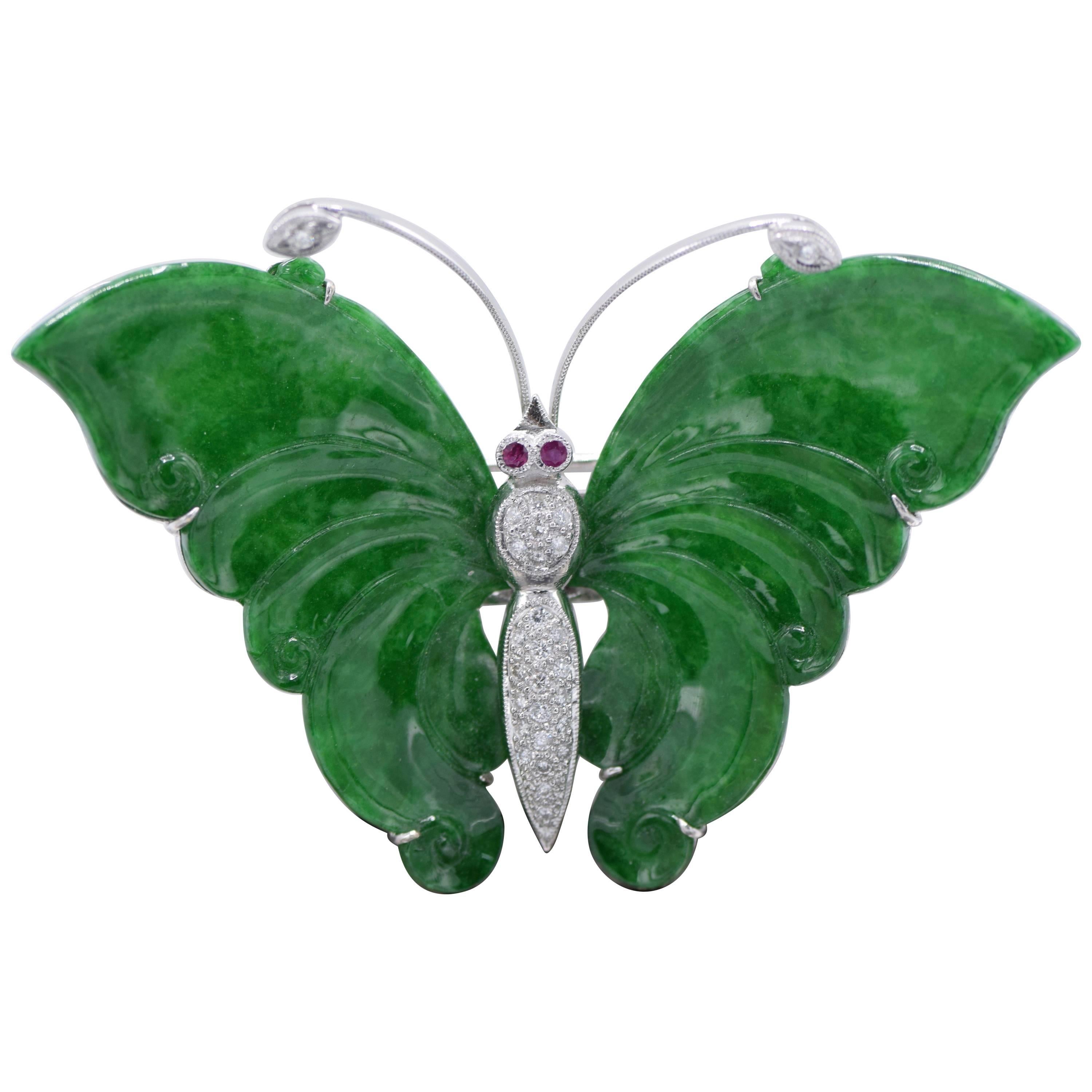Certified Jade, Ruby, and Diamond Butterfly Pendant and Brooch