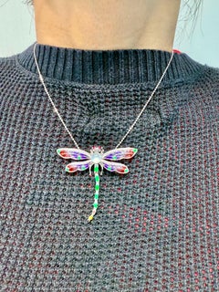 Certified Jade, Ruby, Diamond & Enameled Dragonfly Brooch Pendant. Exquisite!