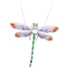 Certified Jade, Ruby, Diamond 
Enameled Dragonfly Brooch Pendant. Exquisite!