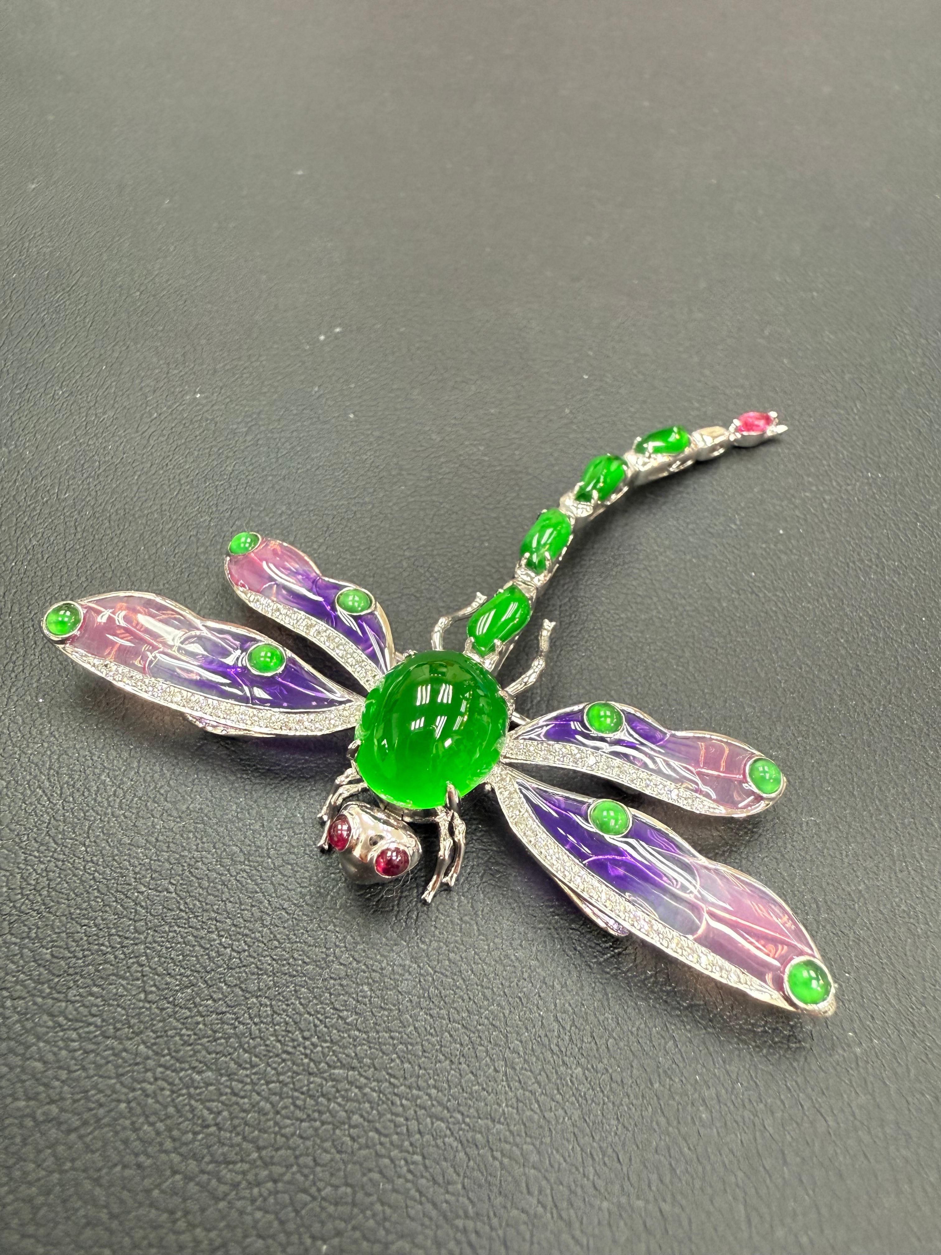 Colgante / Broche de Jade Certificado, Rubí, Diamante y Libélula Esmaltada. ¡Exquisito! en venta 7