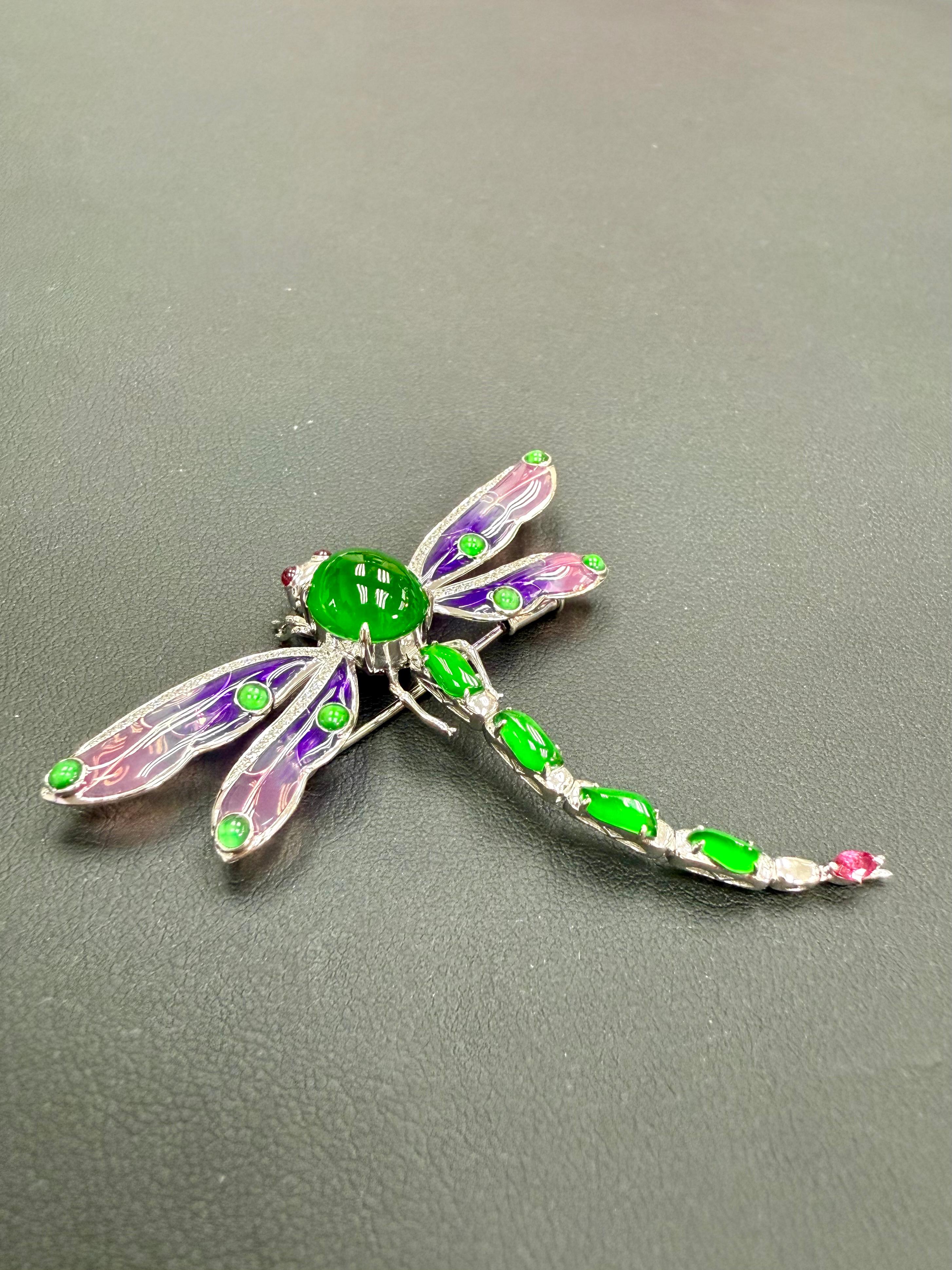 Colgante / Broche de Jade Certificado, Rubí, Diamante y Libélula Esmaltada. ¡Exquisito! en venta 10
