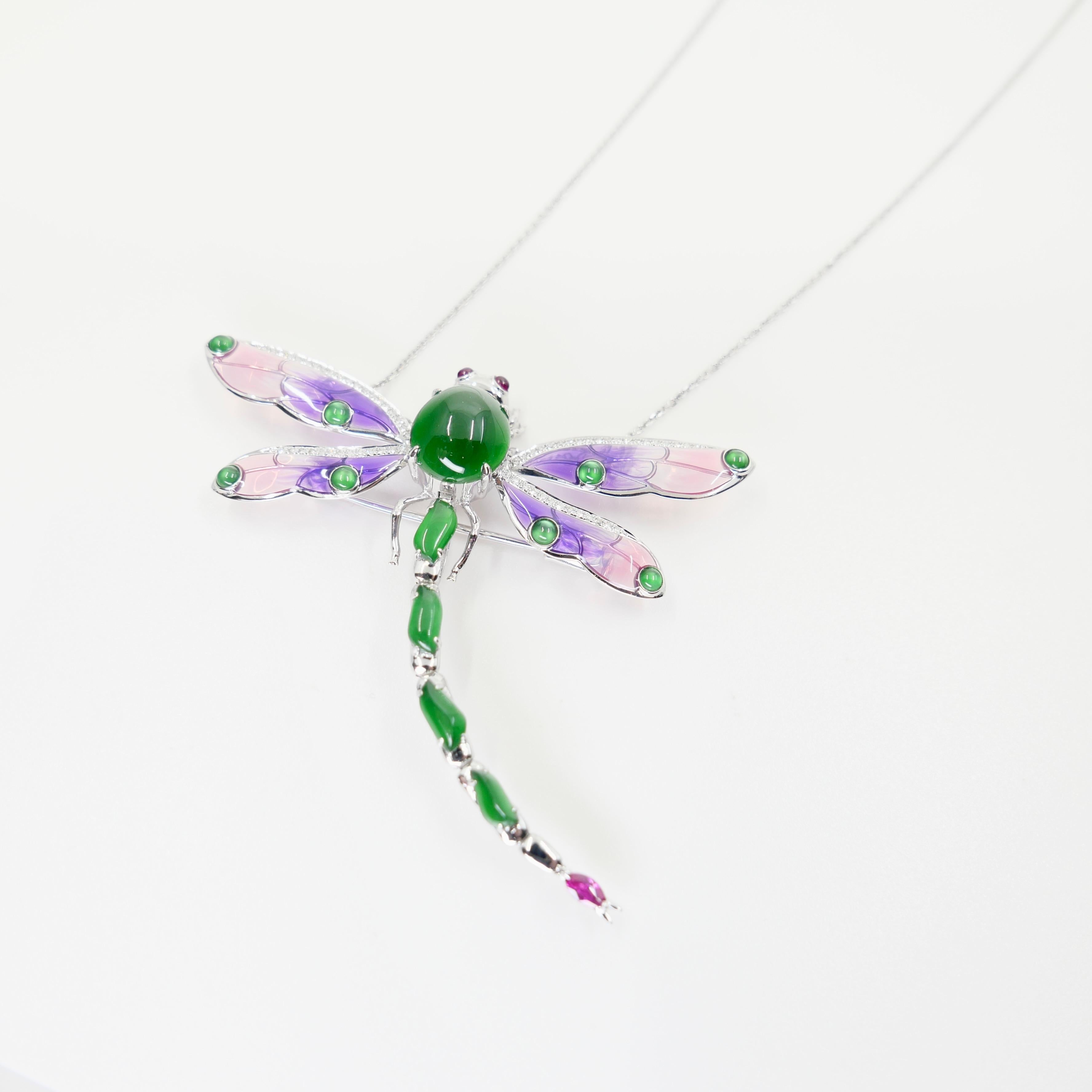 Colgante / Broche de Jade Certificado, Rubí, Diamante y Libélula Esmaltada. ¡Exquisito! en venta 13