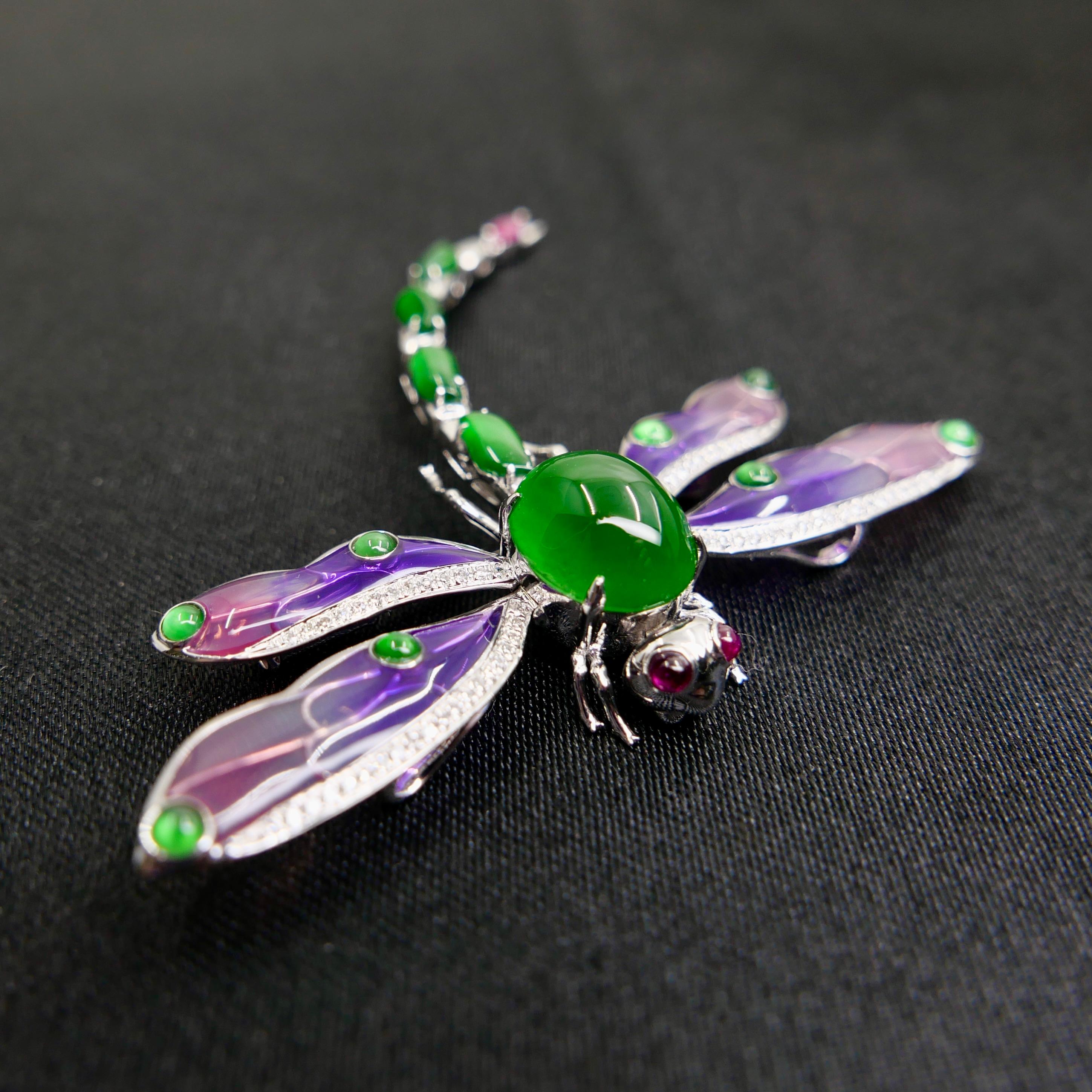 Colgante / Broche de Jade Certificado, Rubí, Diamante y Libélula Esmaltada. ¡Exquisito! en Nuevo estado para la venta en Hong Kong, HK