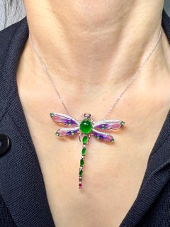 Certified Jade, Ruby, Diamond & Enameled Dragonfly Pendant / Brooch. Exquisite!