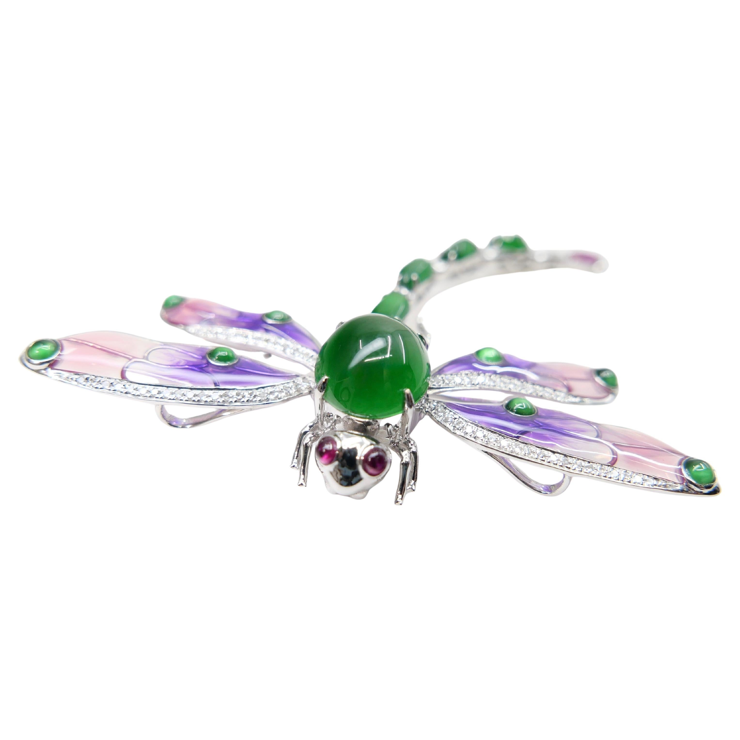 Colgante / Broche de Jade Certificado, Rubí, Diamante y Libélula Esmaltada. ¡Exquisito! en venta 11