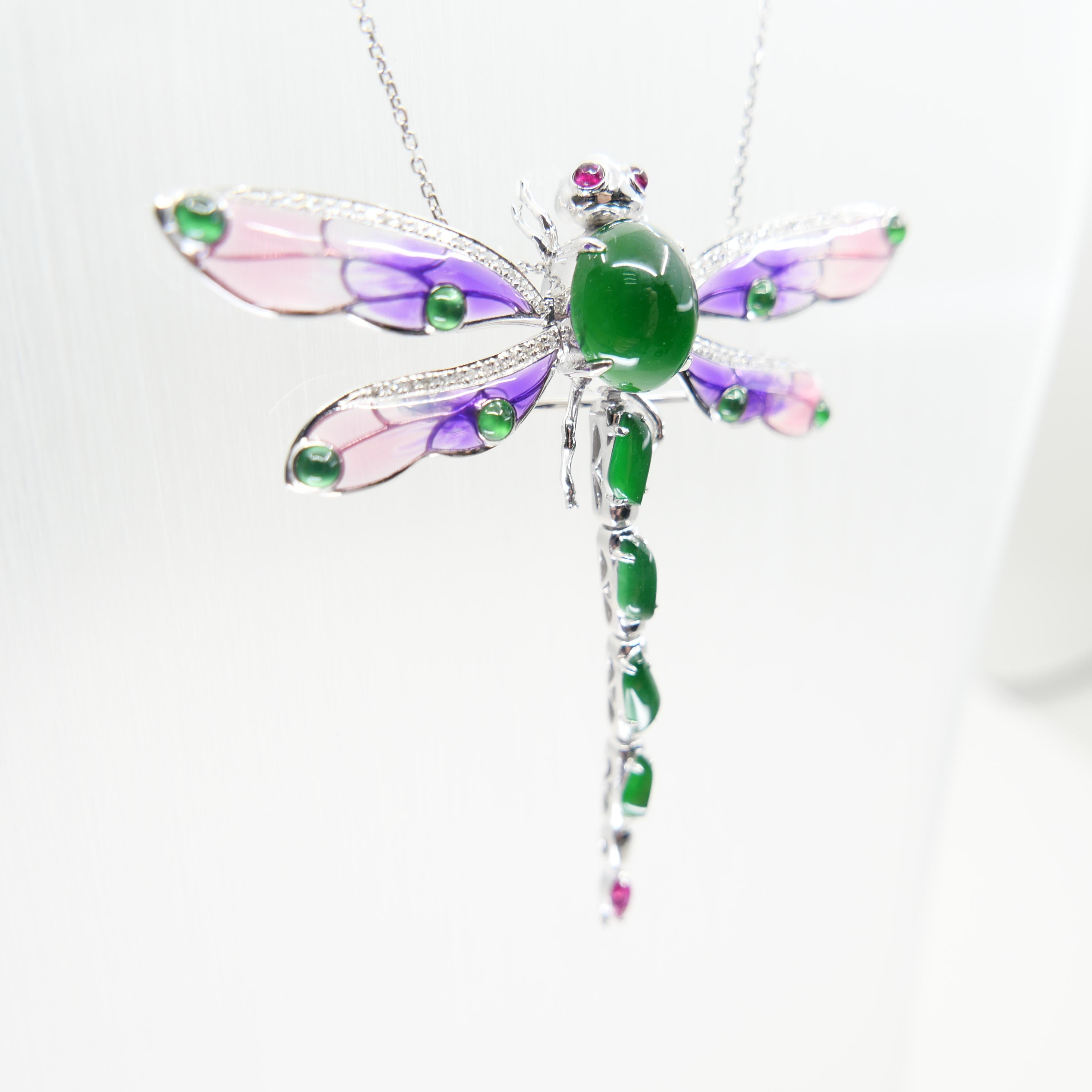 Colgante / Broche de Jade Certificado, Rubí, Diamante y Libélula Esmaltada. ¡Exquisito! en venta 2