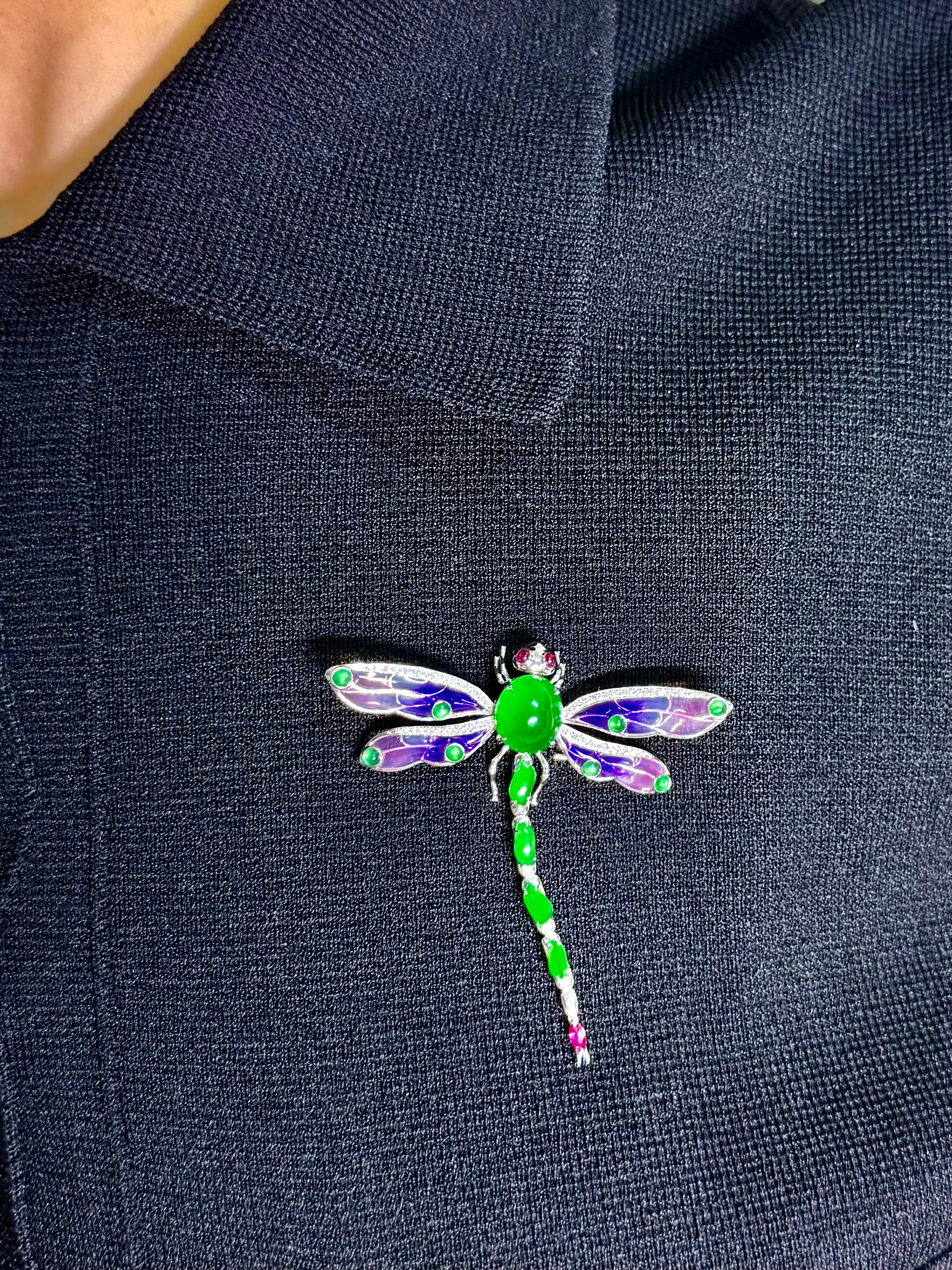 Colgante / Broche de Jade Certificado, Rubí, Diamante y Libélula Esmaltada. ¡Exquisito! Primer corte en venta