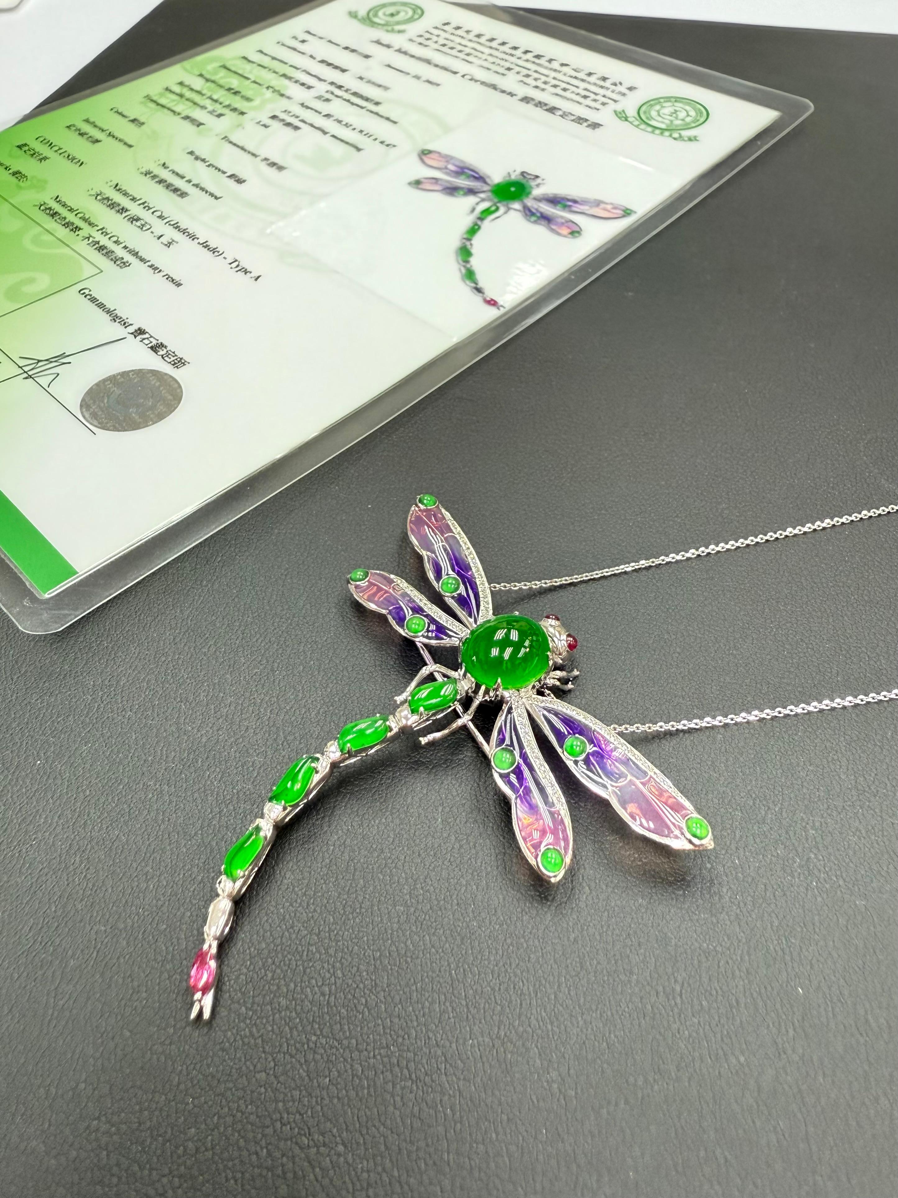 De las mujeres Colgante / Broche de Jade Certificado, Rubí, Diamante y Libélula Esmaltada. ¡Exquisito! en venta