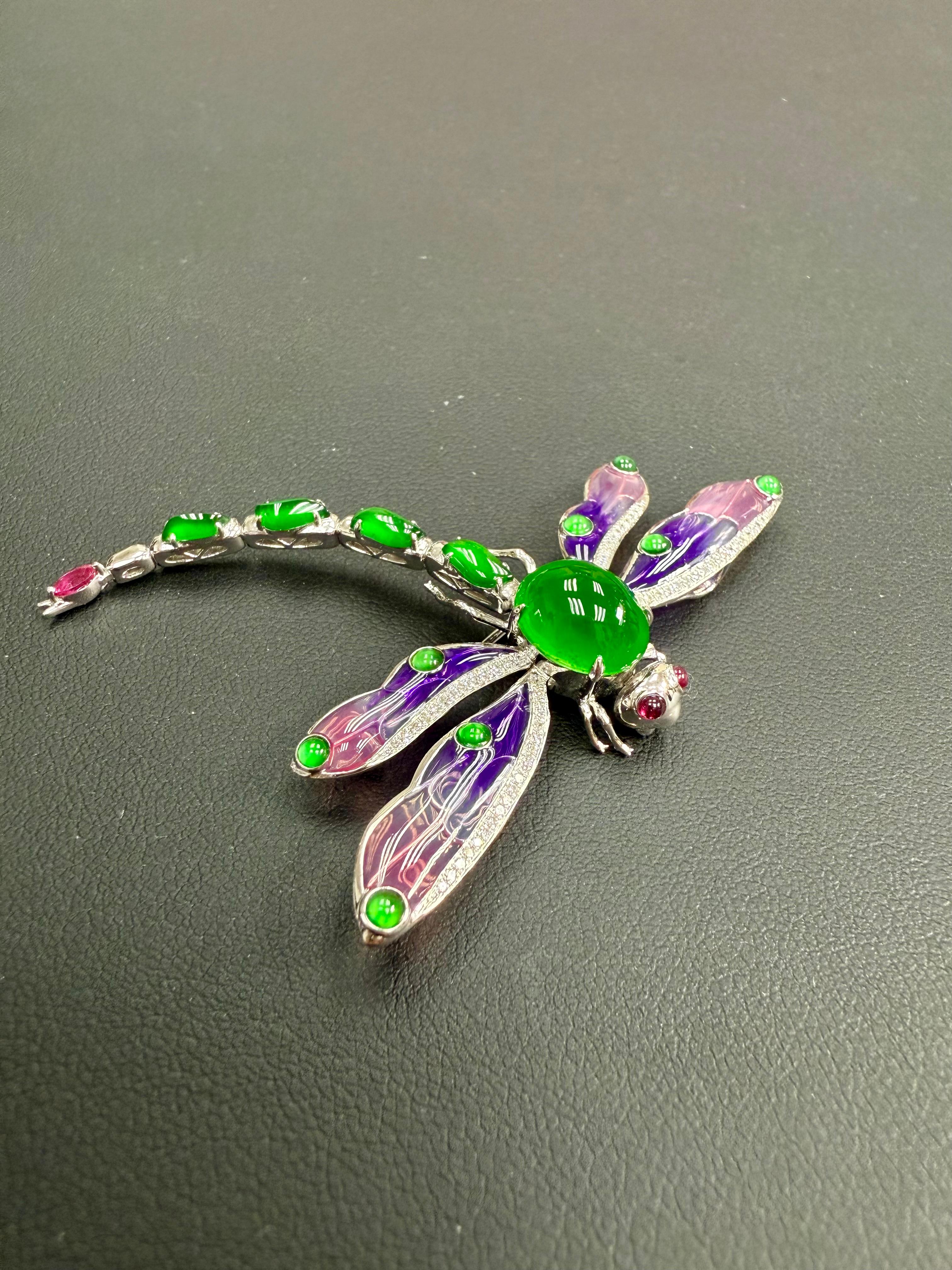 Colgante / Broche de Jade Certificado, Rubí, Diamante y Libélula Esmaltada. ¡Exquisito! en venta 4