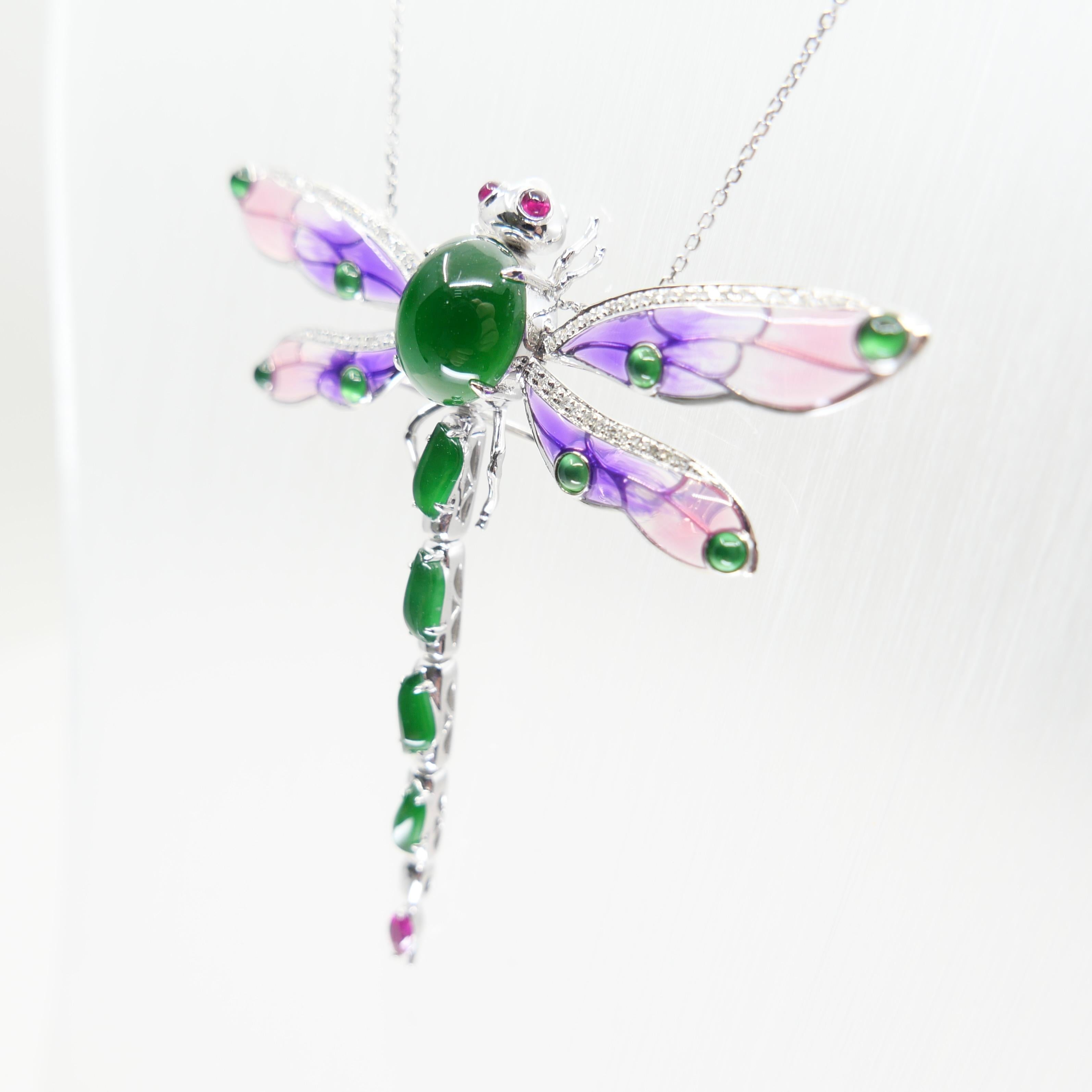 Colgante / Broche de Jade Certificado, Rubí, Diamante y Libélula Esmaltada. ¡Exquisito! en venta 5