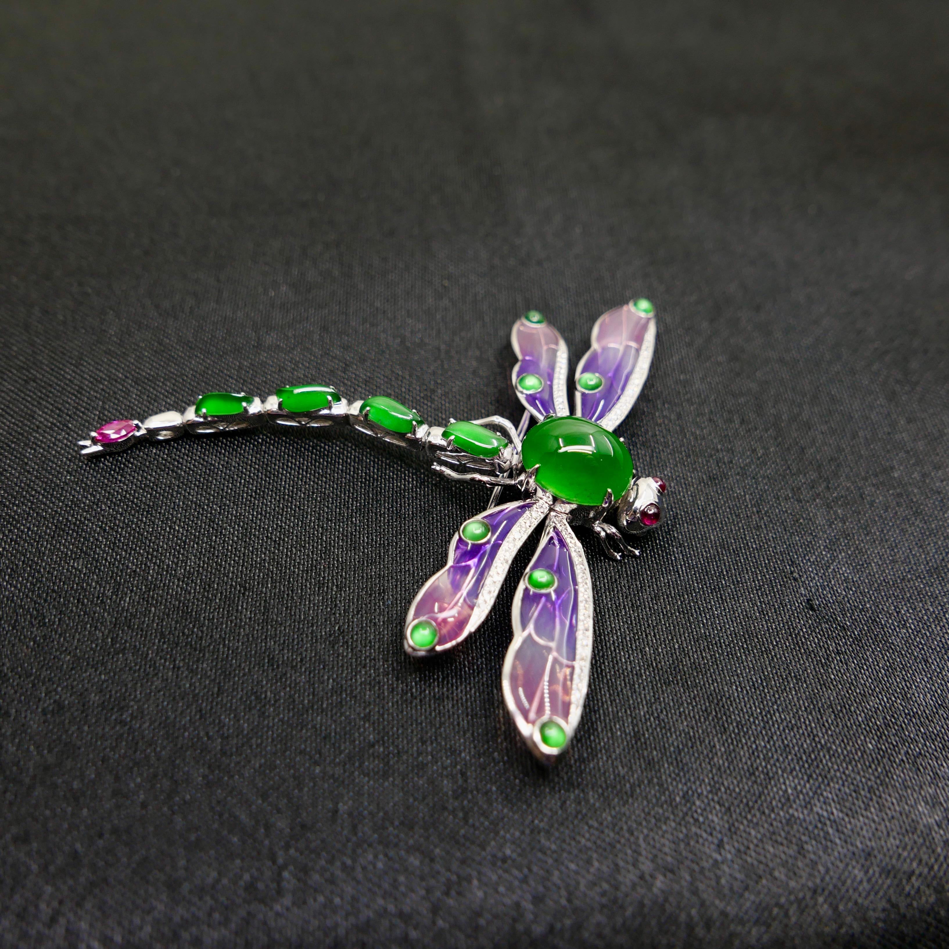 Colgante / Broche de Jade Certificado, Rubí, Diamante y Libélula Esmaltada. ¡Exquisito! en venta 6