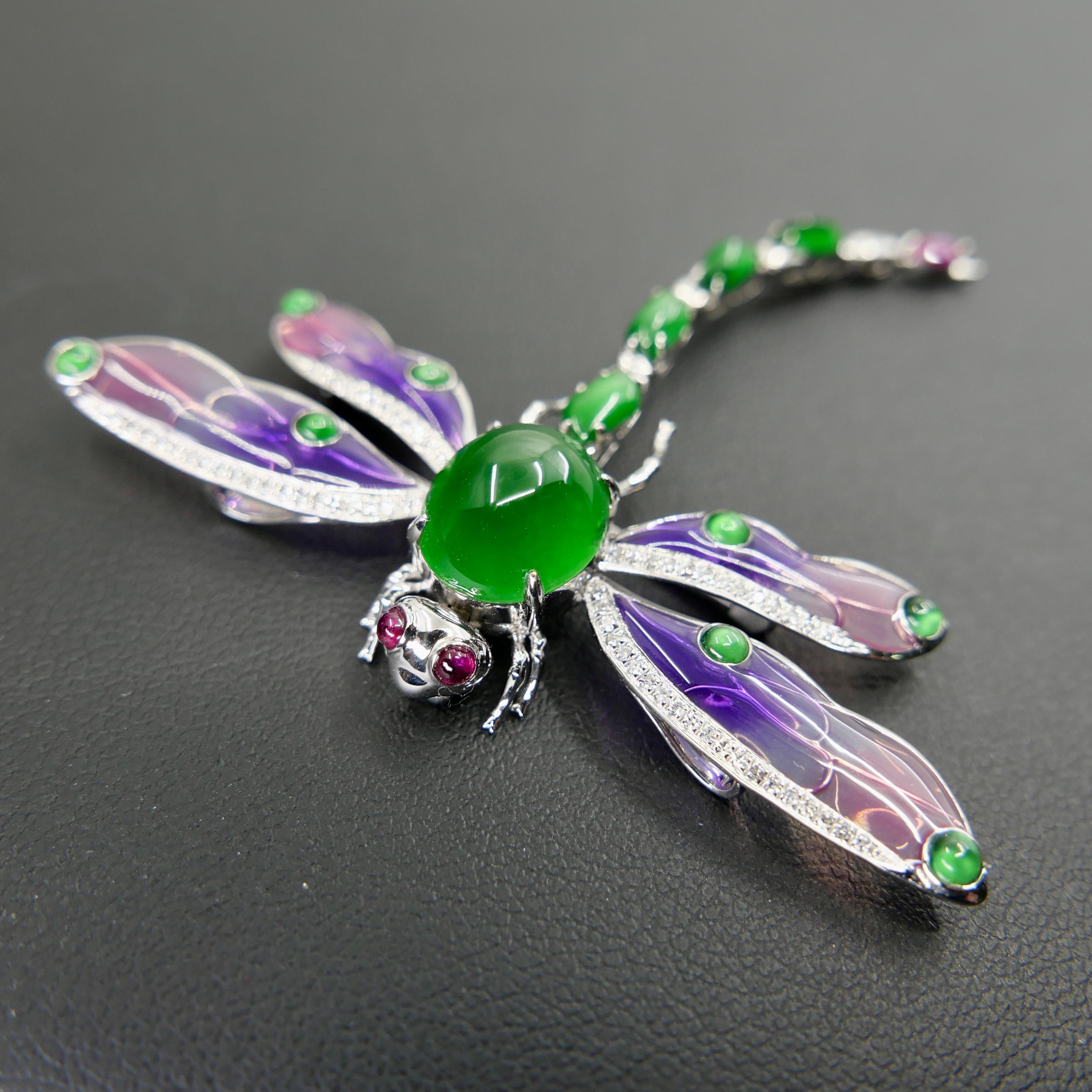 Colgante / Broche de Jade Certificado, Rubí, Diamante y Libélula Esmaltada. ¡Exquisito! en venta 1