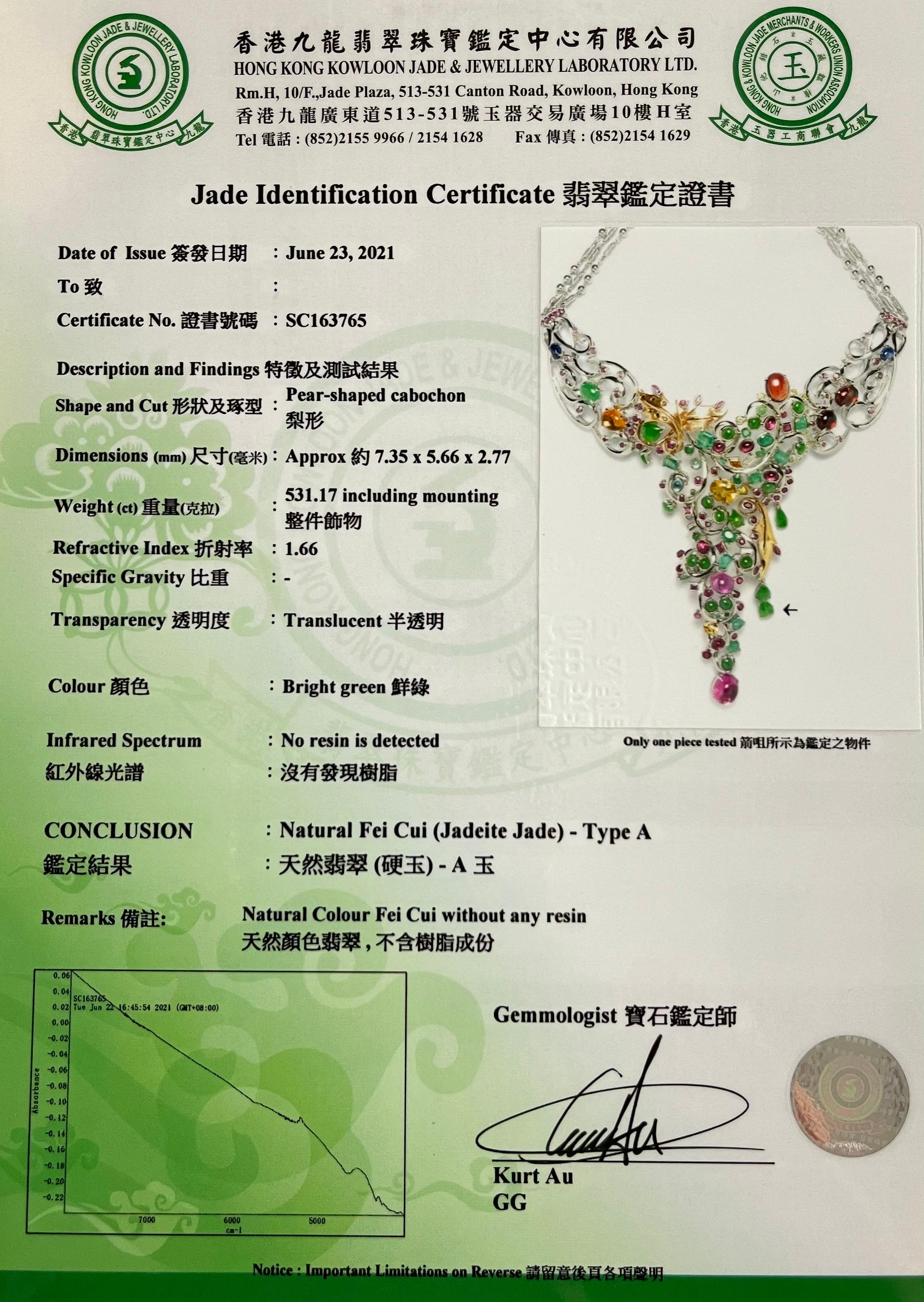 Certified Jade, Tutti Frutti Semi & Precious Stones Statement Necklace For Sale 12