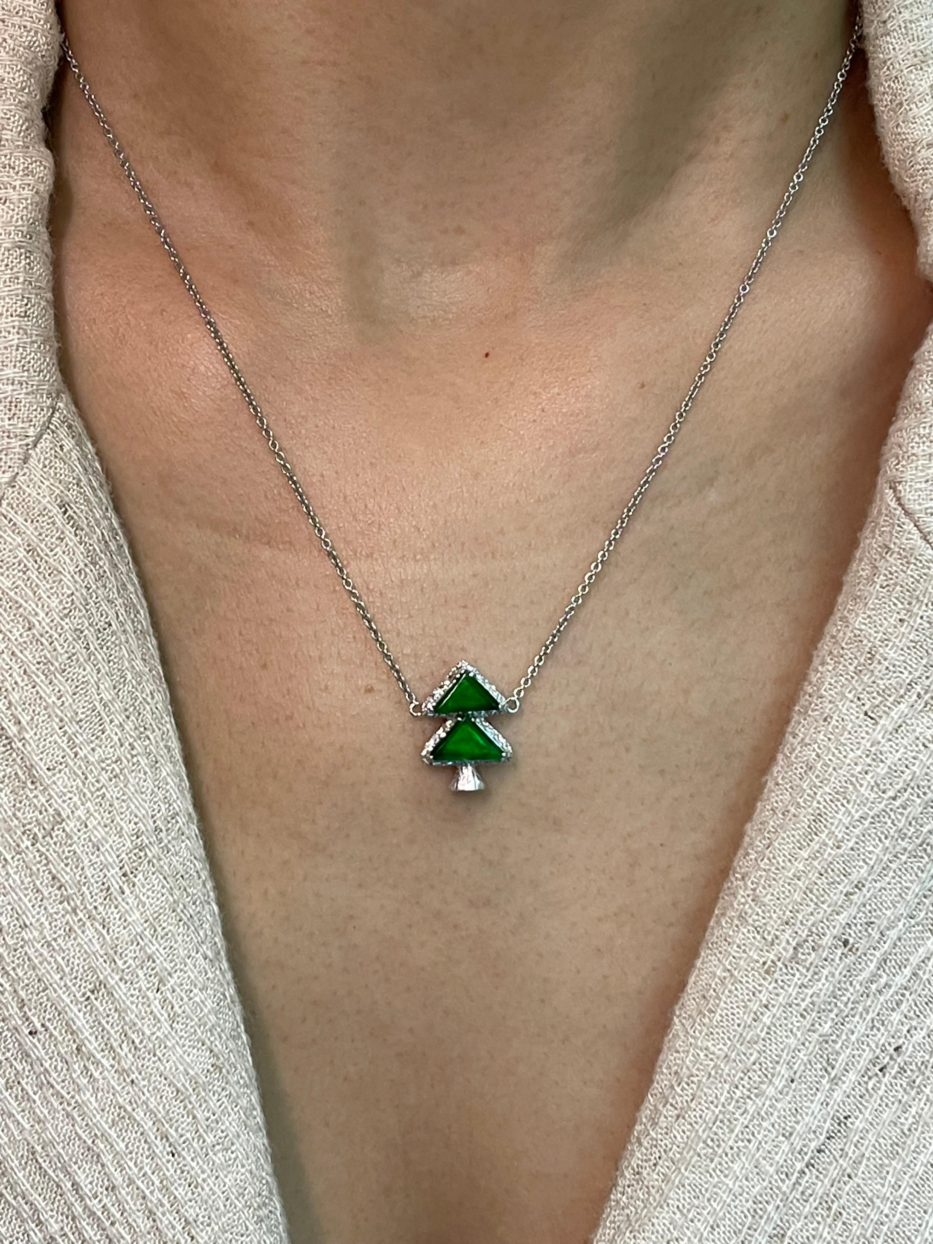 Trillion Cut Certified Jadeite and Diamond Xmas / Evergreen Tree Pendant Necklace Apple Green For Sale