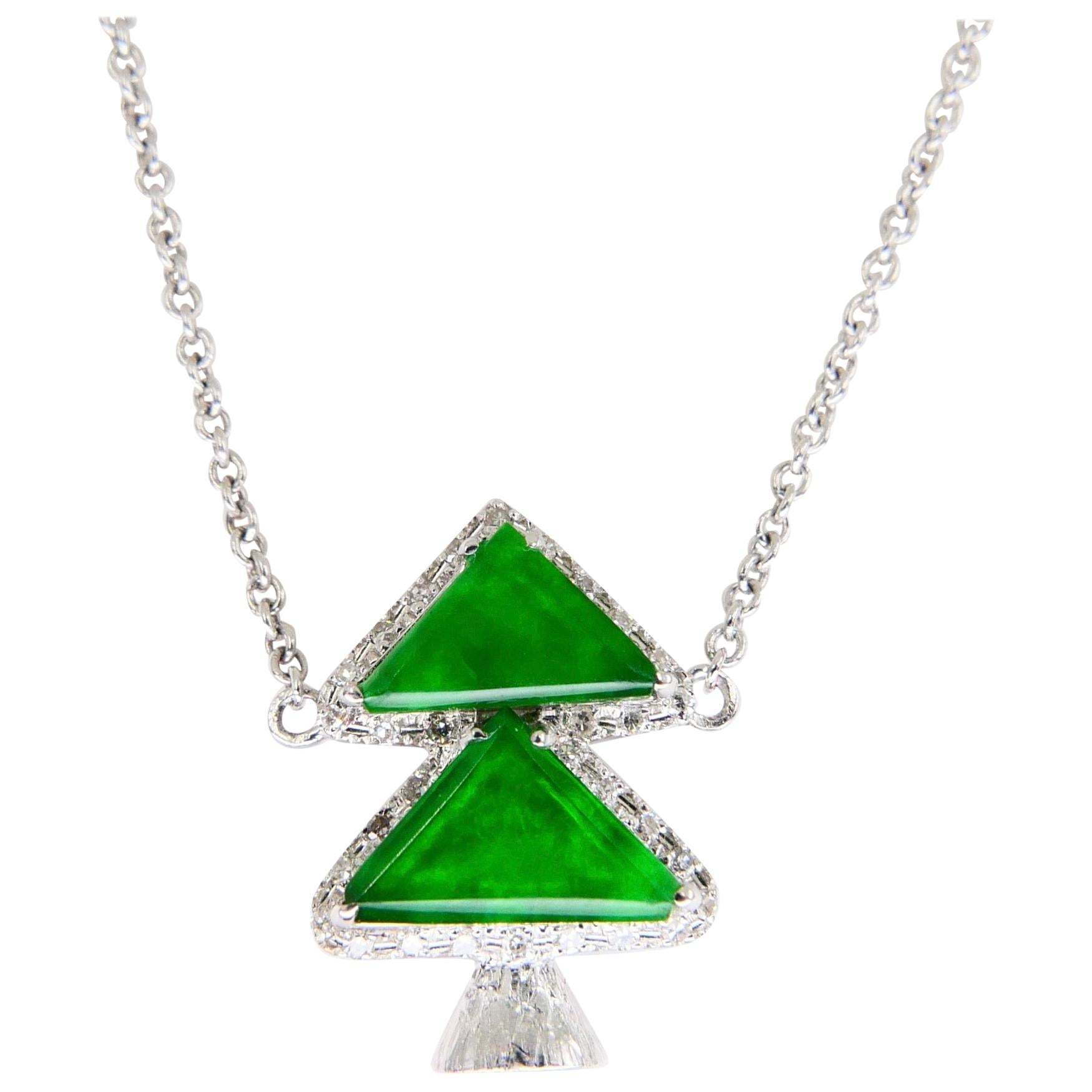 Certified Jadeite and Diamond Xmas / Evergreen Tree Pendant Necklace Apple Green For Sale