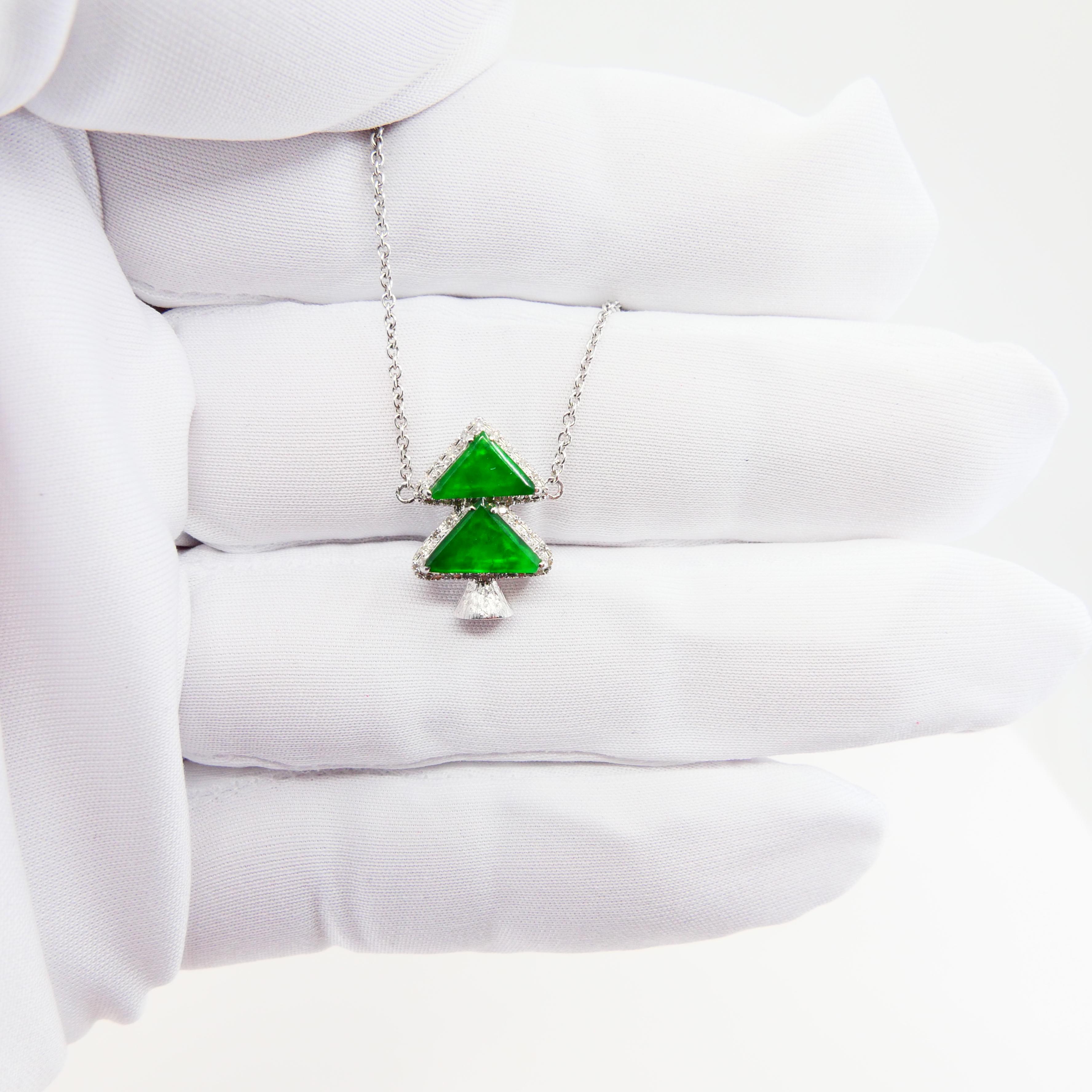 Certified Jadeite and Diamond Xmas / Evergreen Tree Pendant Necklace Apple Green For Sale 2
