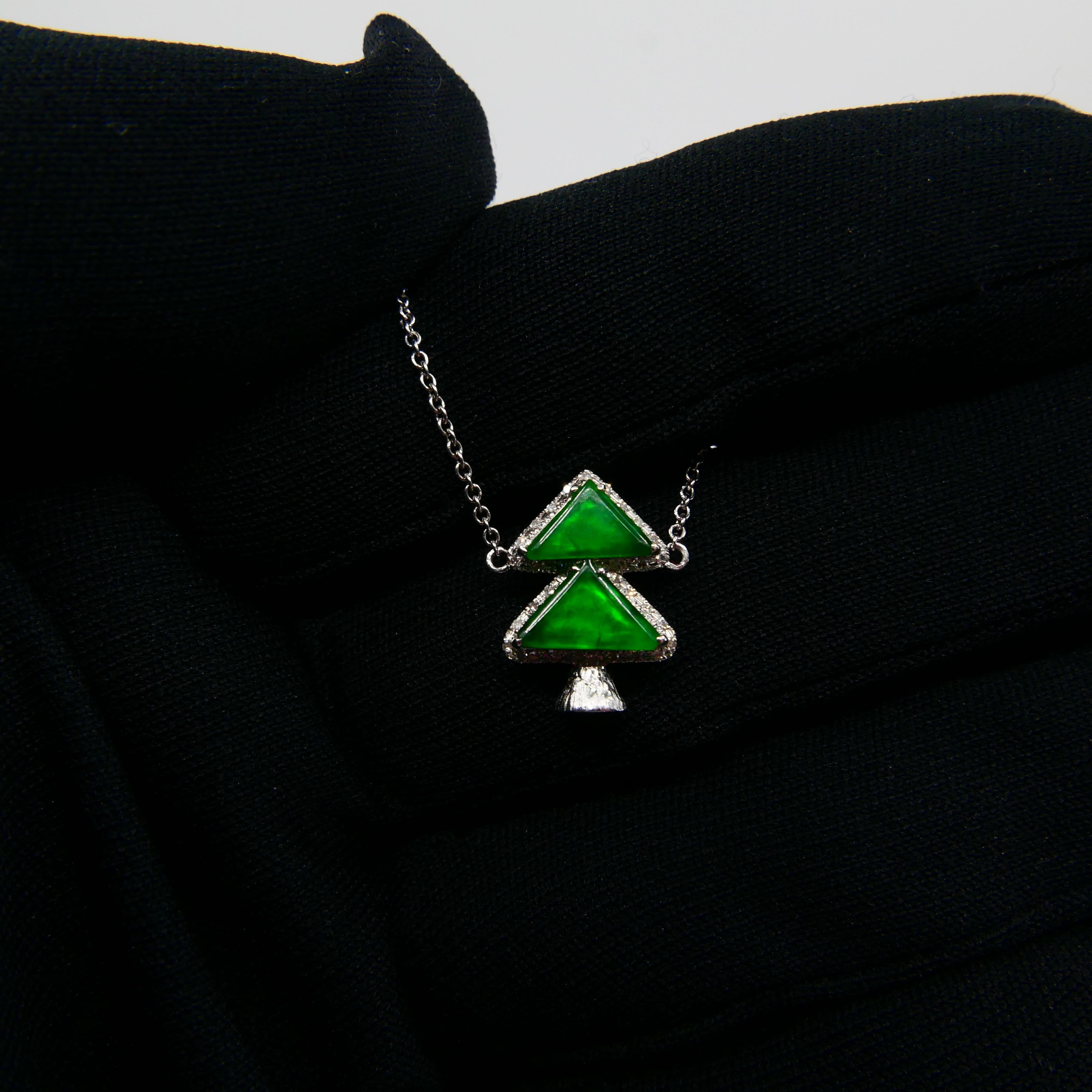 Certified Jadeite and Diamond Xmas / Evergreen Tree Pendant Necklace Apple Green For Sale 5