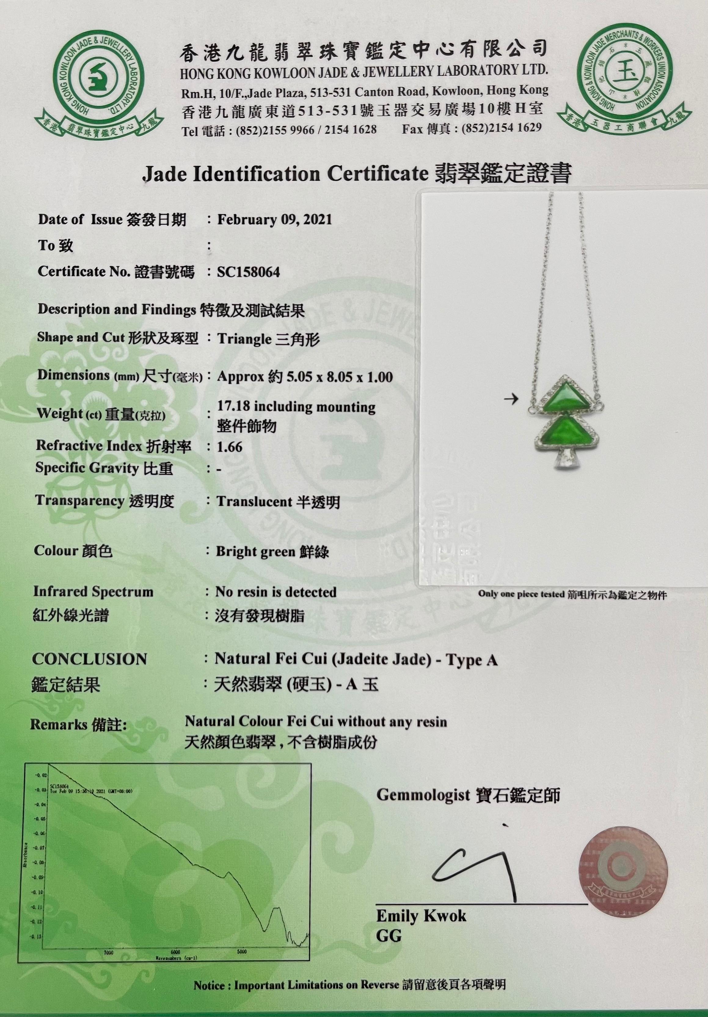 Certified Jadeite and Diamond Xmas / Evergreen Tree Pendant Necklace Apple Green For Sale 8