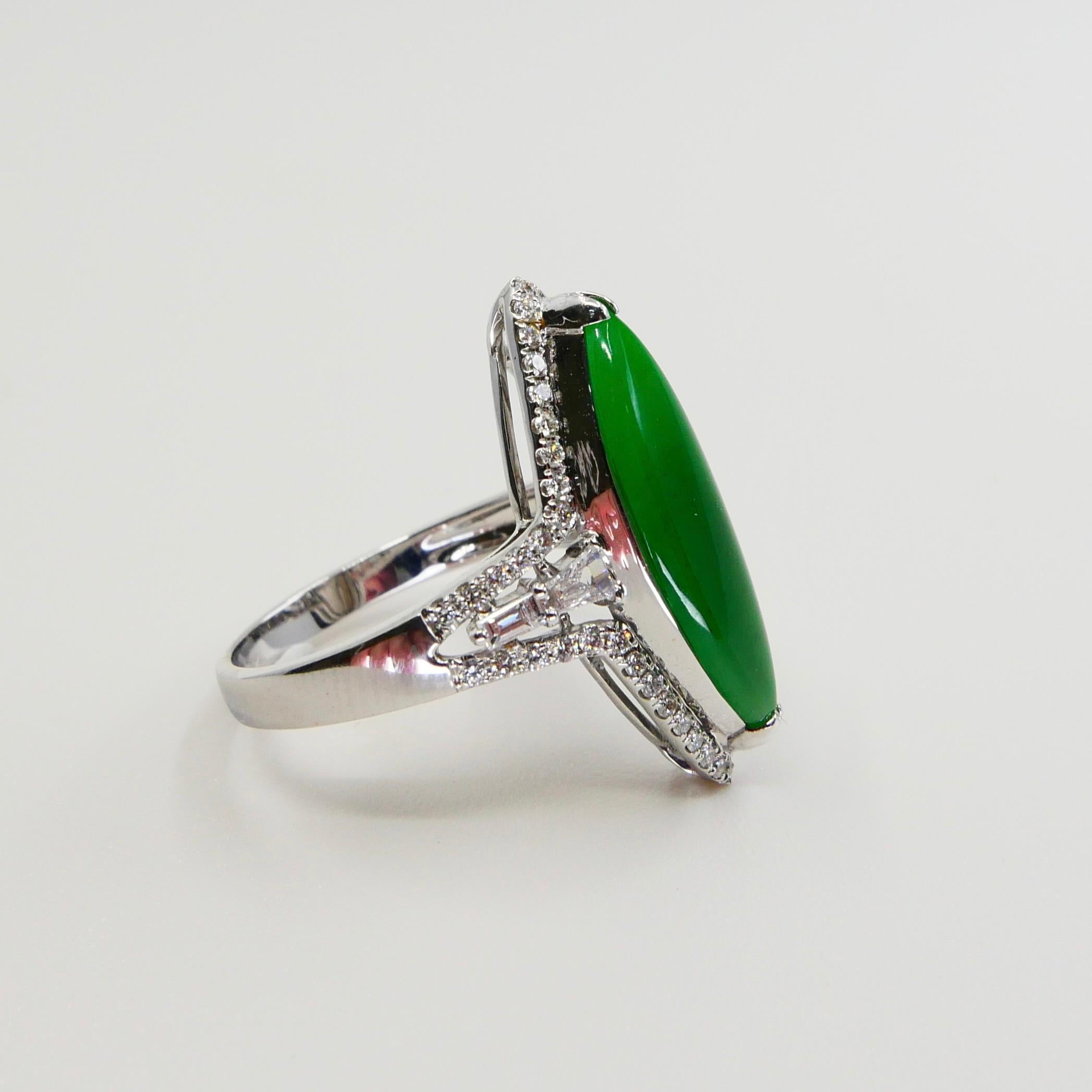 Certified Jadeite Jade and Diamond Cocktail Ring, Intense Apple Green Color For Sale 3