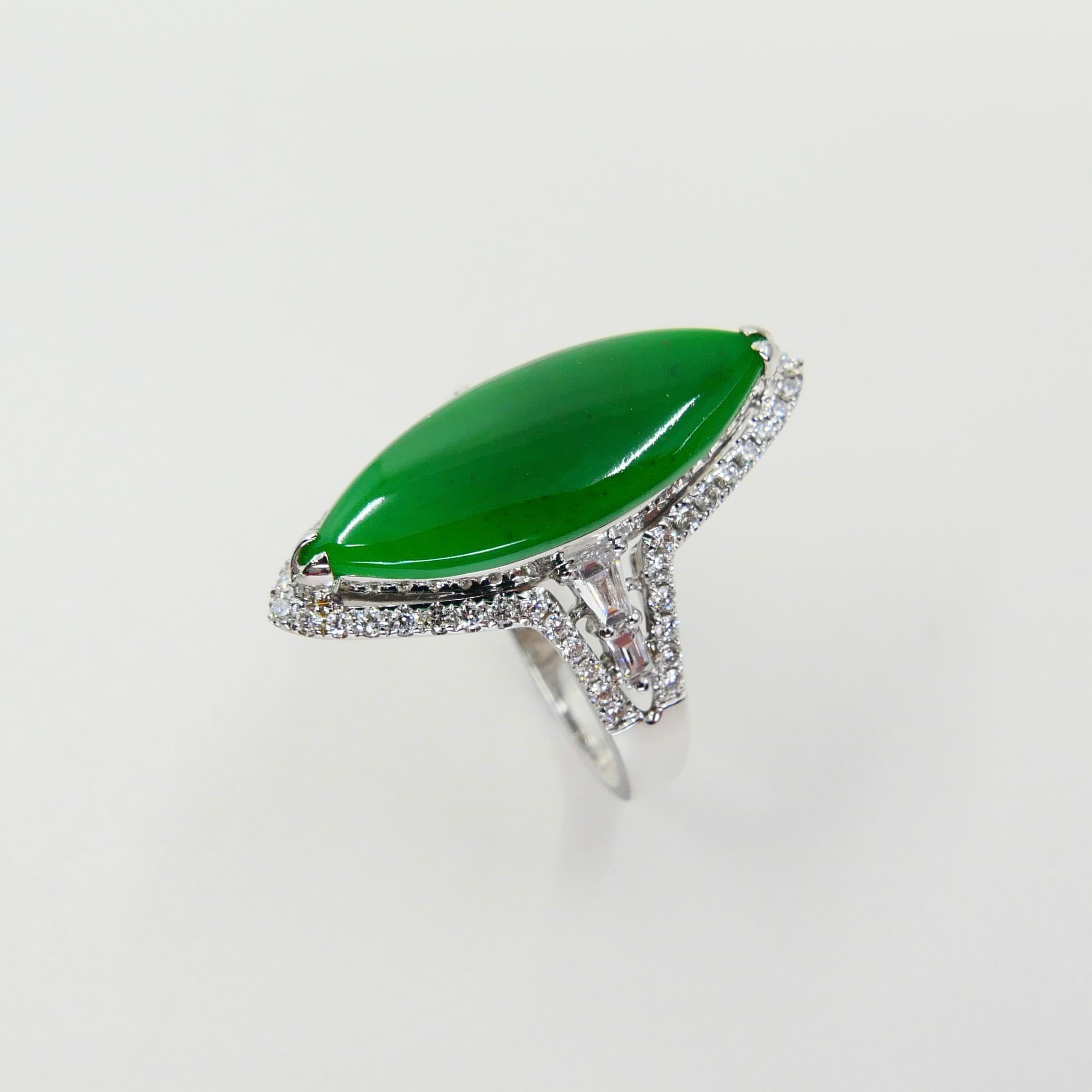 Certified Jadeite Jade and Diamond Cocktail Ring, Intense Apple Green Color For Sale 4