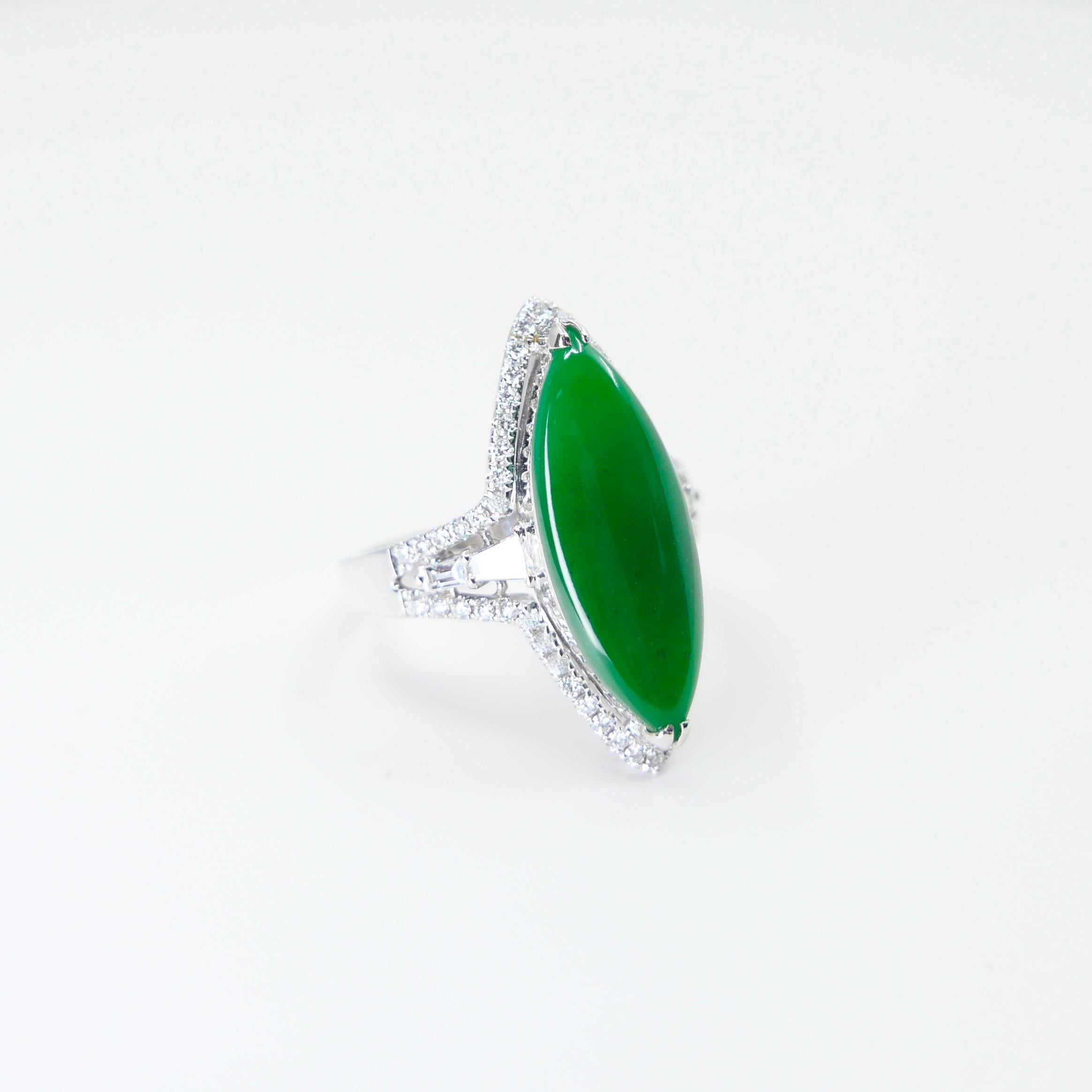Certified Jadeite Jade and Diamond Cocktail Ring, Intense Apple Green Color For Sale 5
