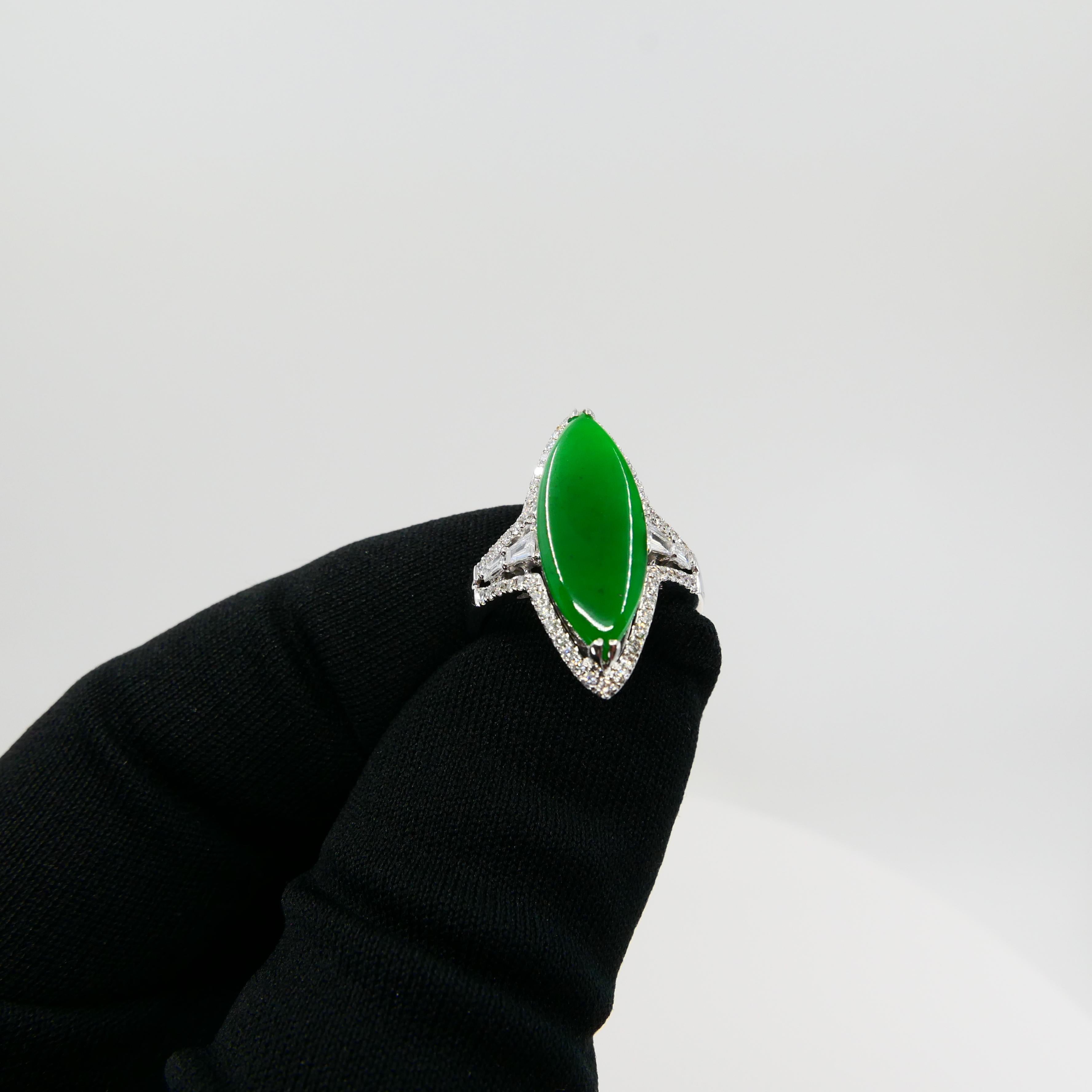 Certified Jadeite Jade and Diamond Cocktail Ring, Intense Apple Green Color For Sale 7