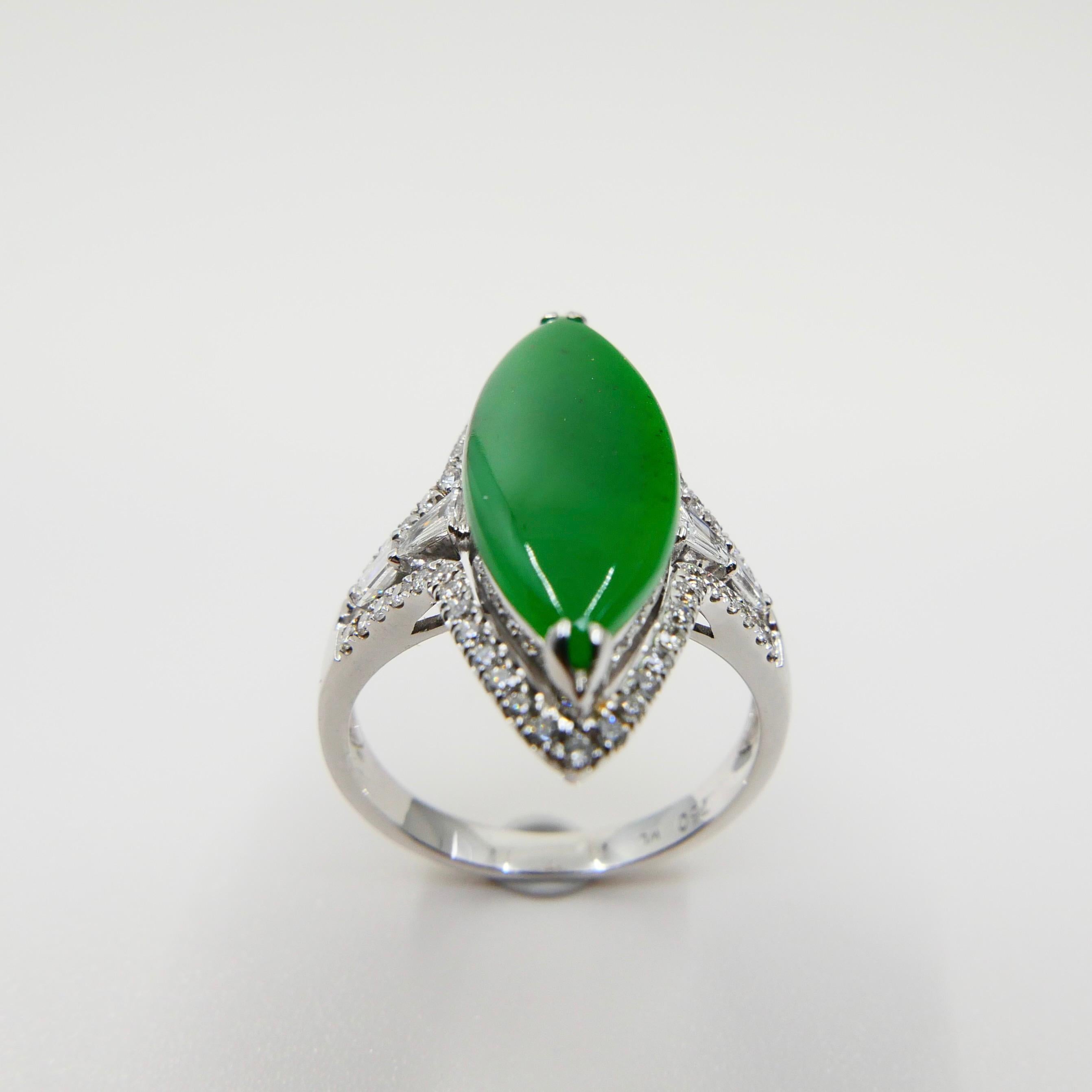 Marquise Cut Certified Jadeite Jade and Diamond Cocktail Ring, Intense Apple Green Color For Sale