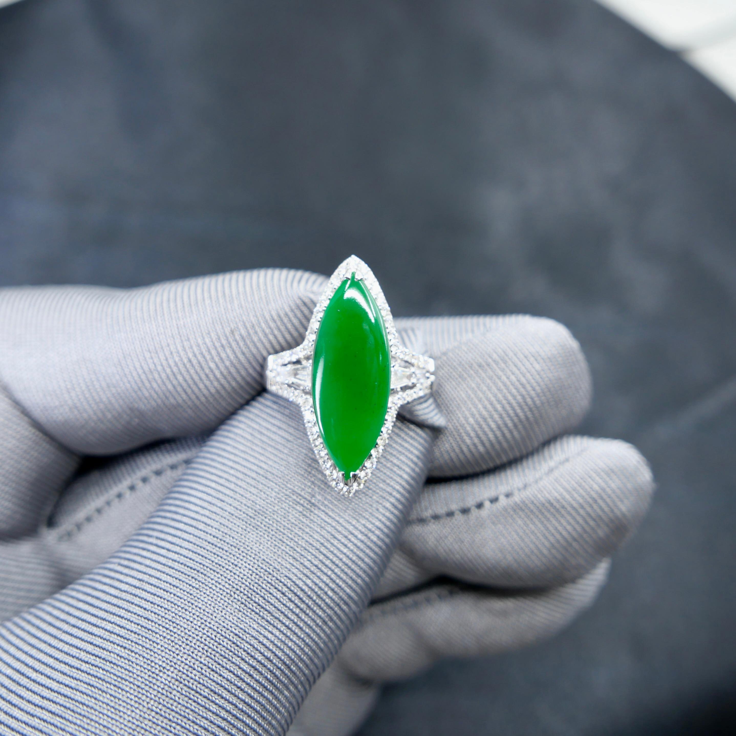 Marquise Cut Certified Jadeite Jade and Diamond Cocktail Ring, Intense Apple Green Color For Sale