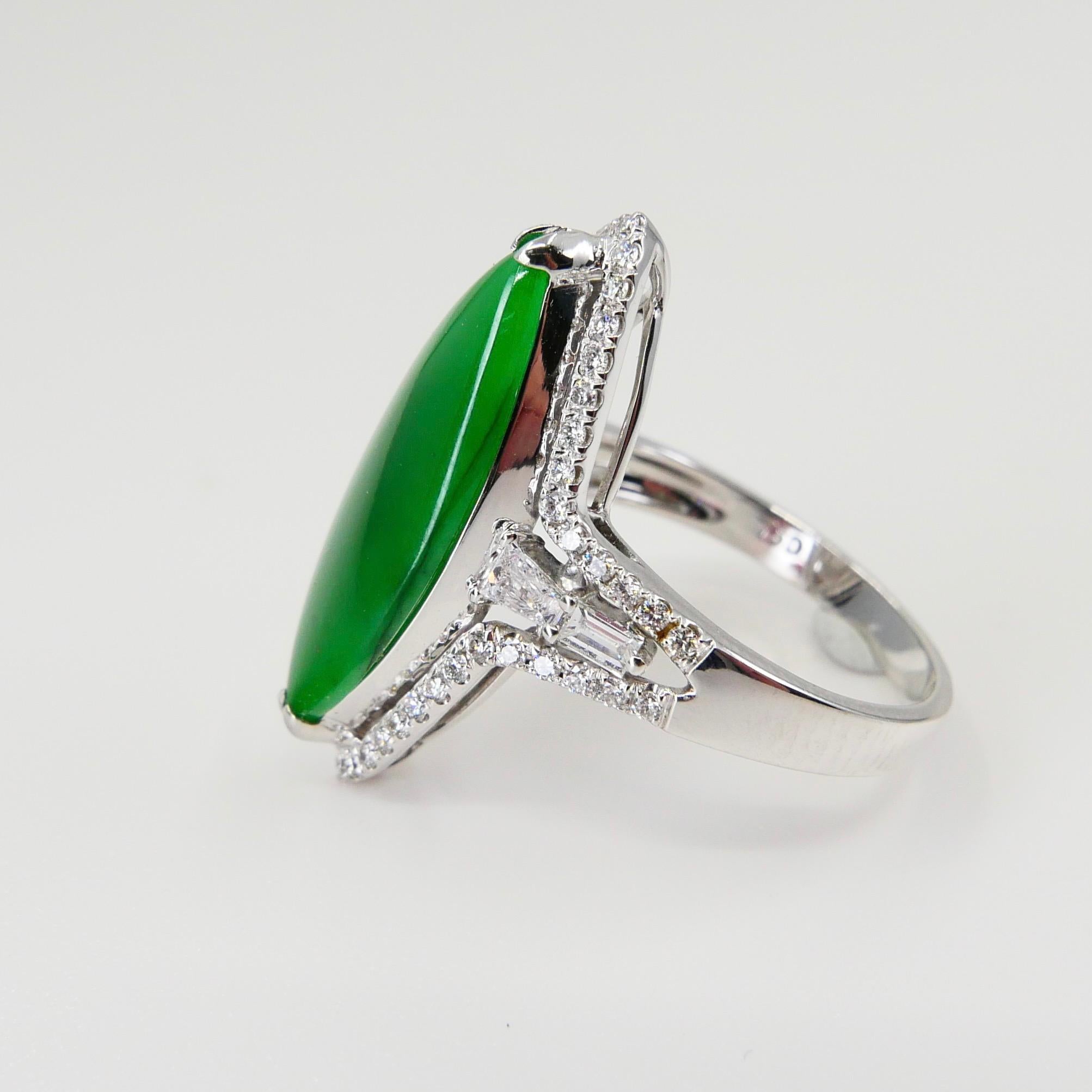 Certified Jadeite Jade and Diamond Cocktail Ring, Intense Apple Green Color For Sale 1