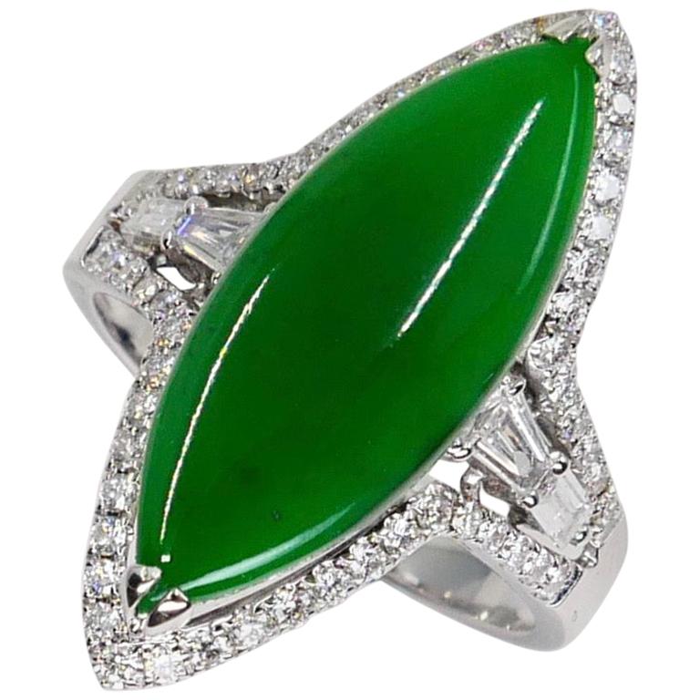 Certified Jadeite Jade and Diamond Cocktail Ring, Intense Apple Green Color For Sale