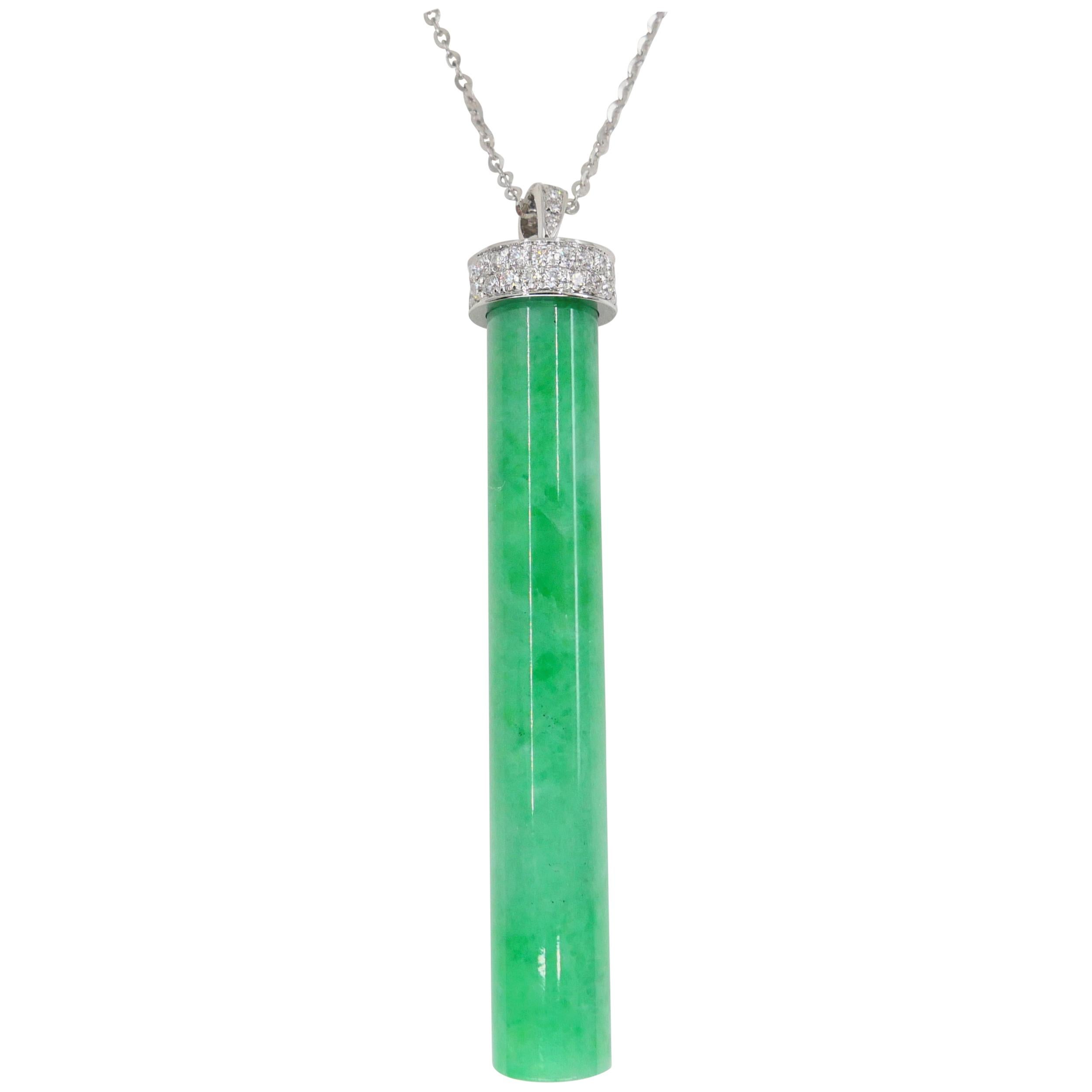 Certified Jadeite Jade 38.51 Carats & Diamond Pendant Drop Necklace, Apple Green