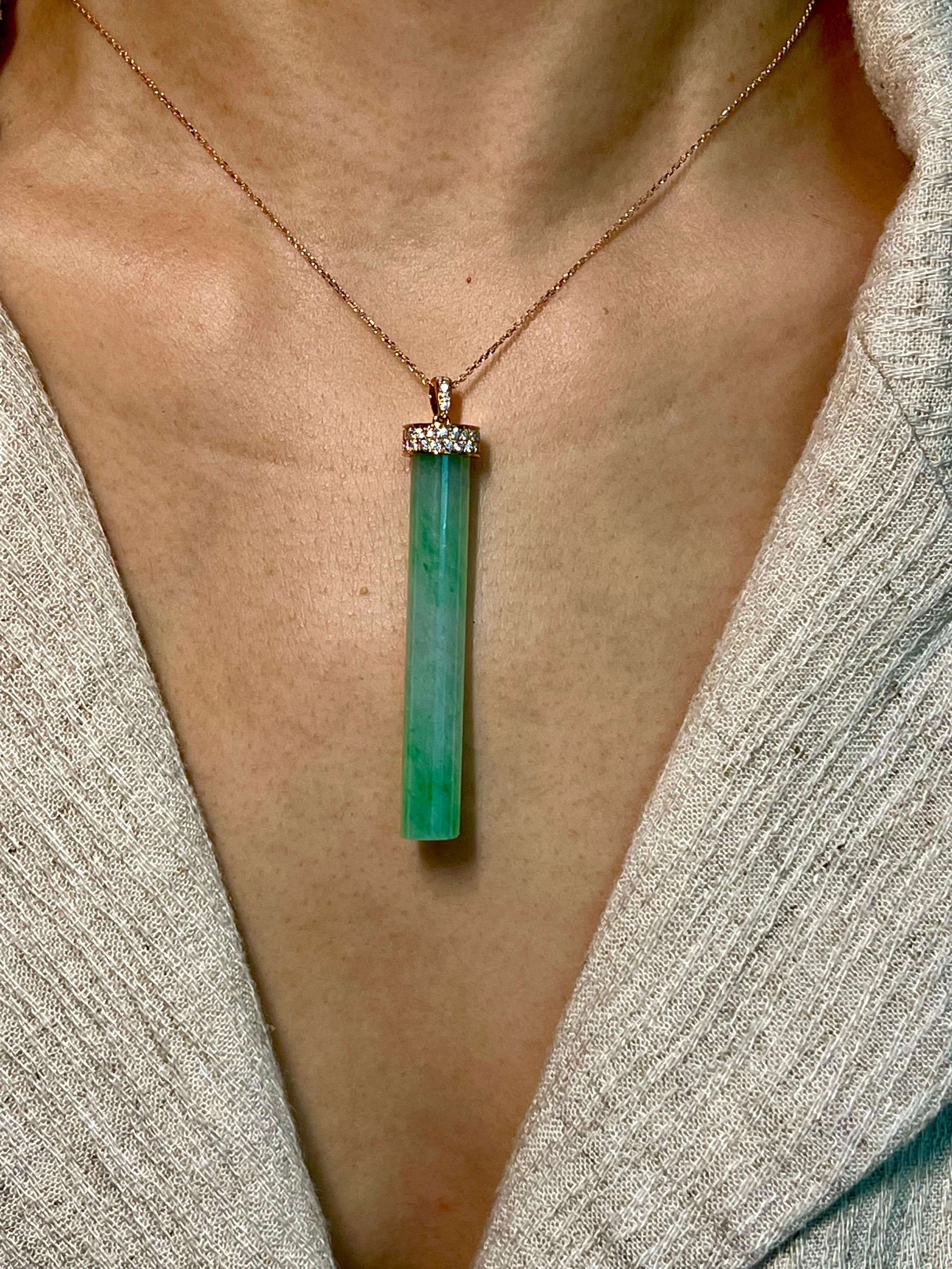 Women's or Men's Certified Jadeite Jade and Diamond Pendant Drop Necklace, Icy Mint Green Jade