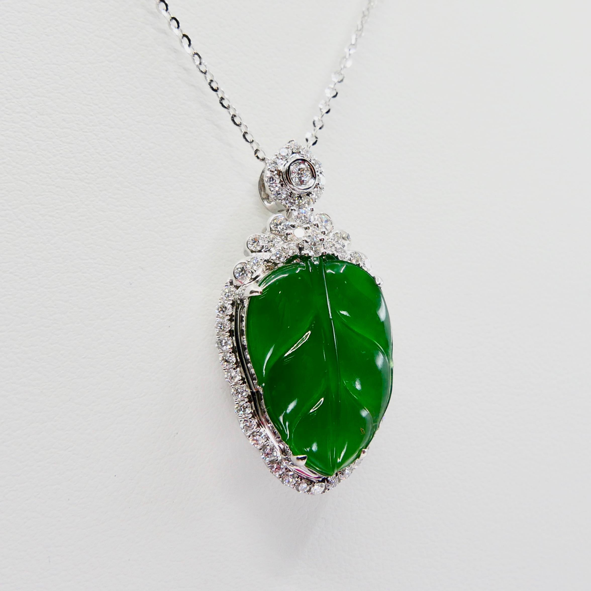Certified Jadeite Jade and Diamond Pendant Drop Necklace, Imperial Green Jade 3