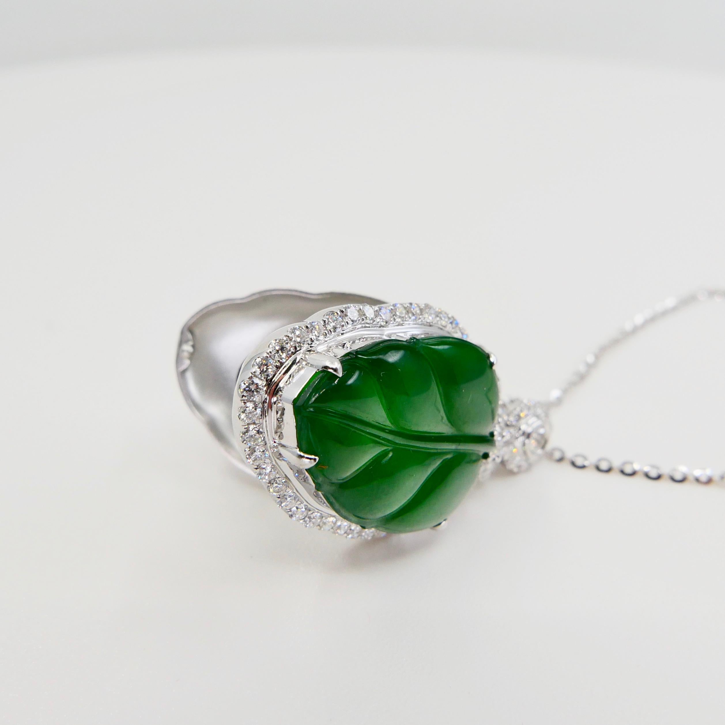 Certified Jadeite Jade and Diamond Pendant Drop Necklace, Imperial Green Jade 4