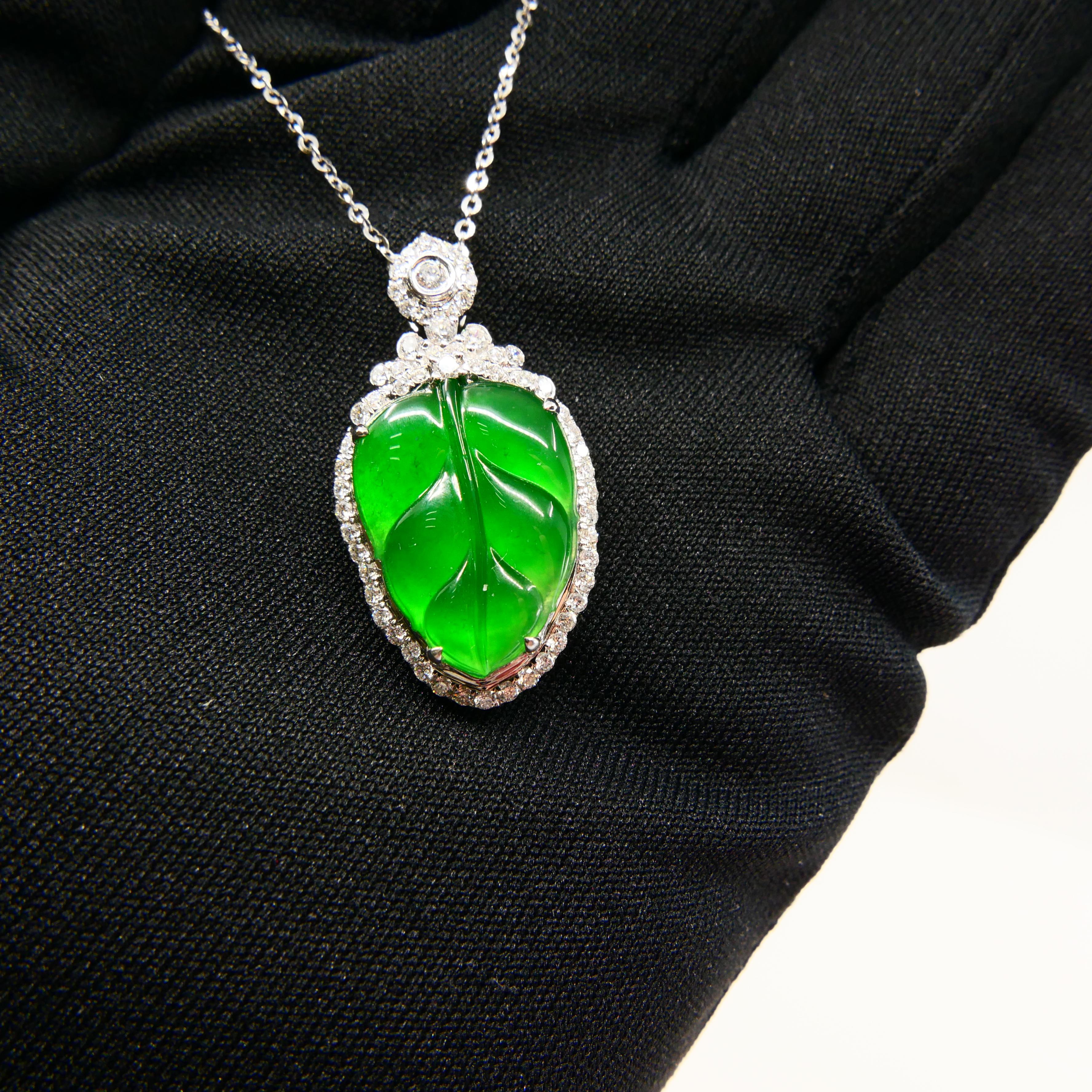 Certified Jadeite Jade and Diamond Pendant Drop Necklace, Imperial Green Jade 5
