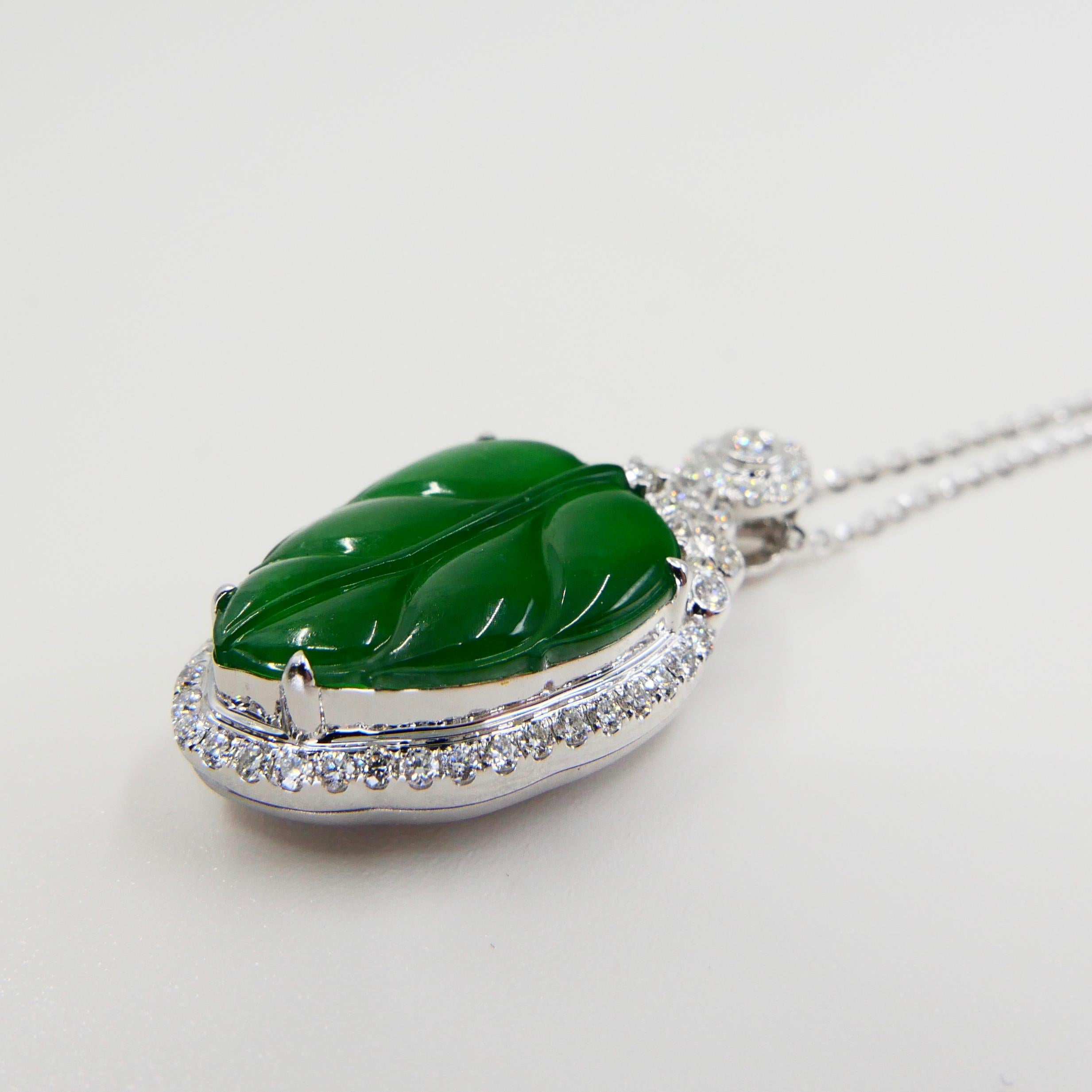 Certified Jadeite Jade and Diamond Pendant Drop Necklace, Imperial Green Jade 6