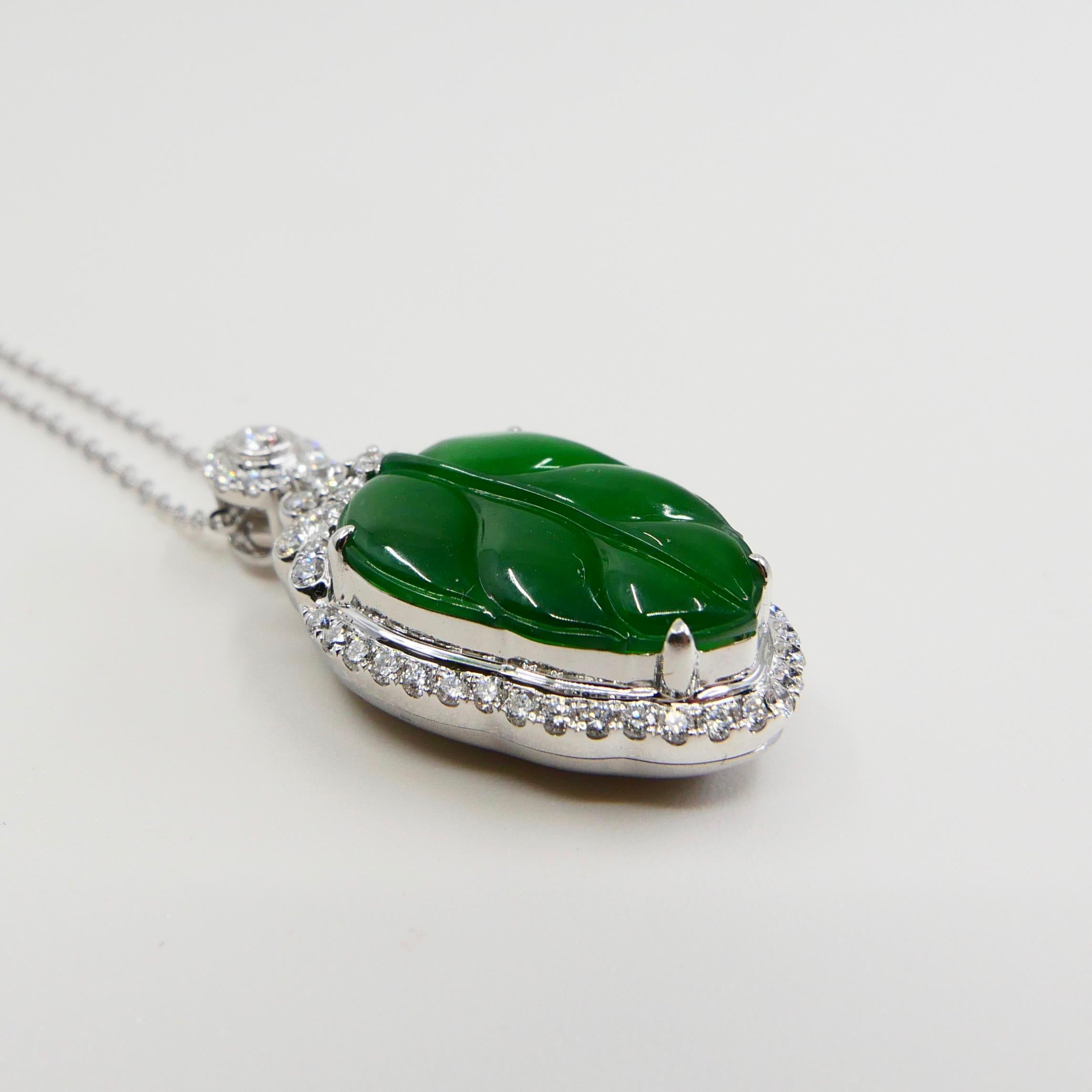 Certified Jadeite Jade and Diamond Pendant Drop Necklace, Imperial Green Jade 7