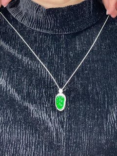 Certified Jadeite Jade and Diamond Pendant Drop Necklace, Imperial Green Jade
