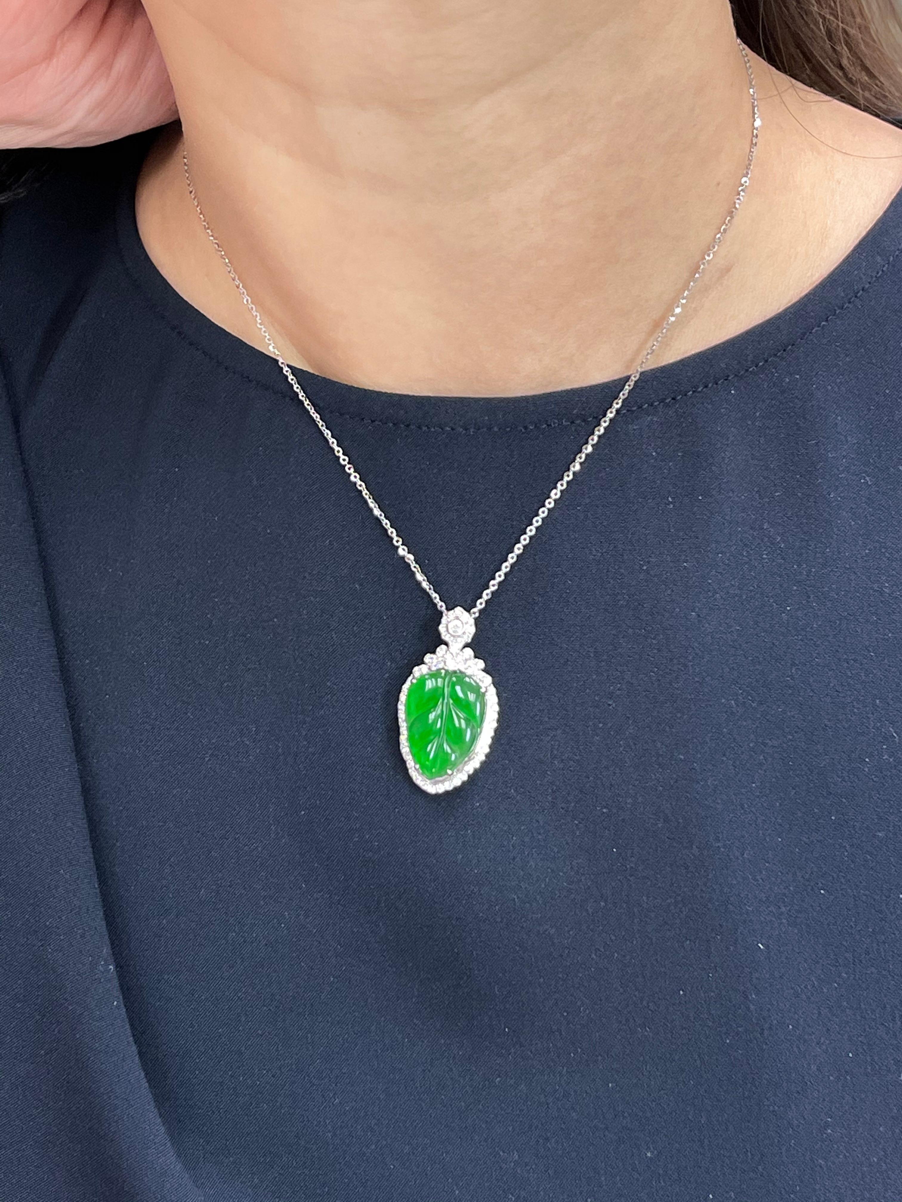 Rough Cut Certified Jadeite Jade and Diamond Pendant Drop Necklace, Imperial Green Jade