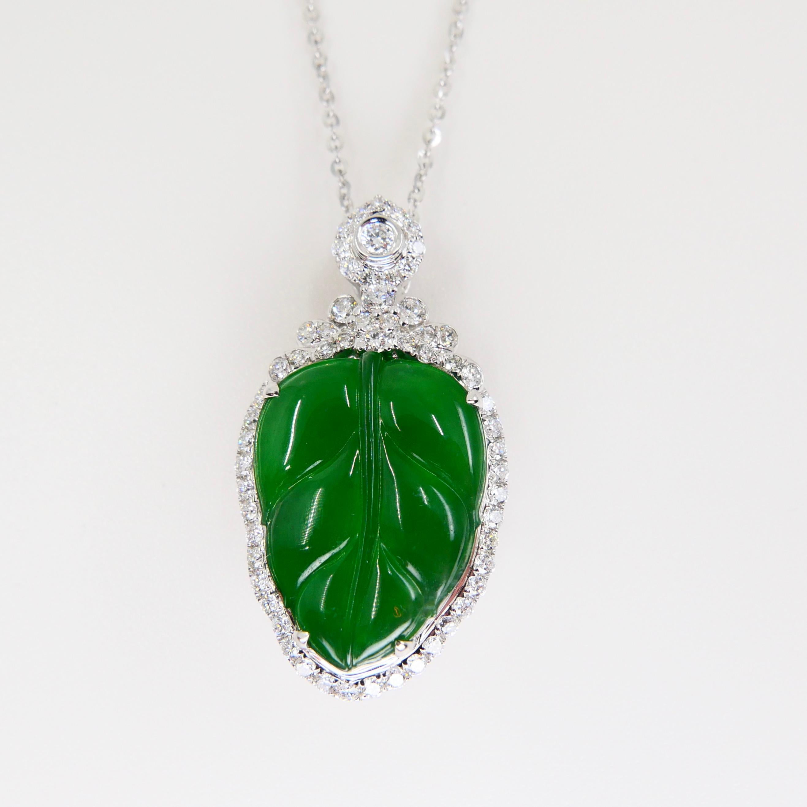 Certified Jadeite Jade and Diamond Pendant Drop Necklace, Imperial Green Jade In New Condition In Hong Kong, HK