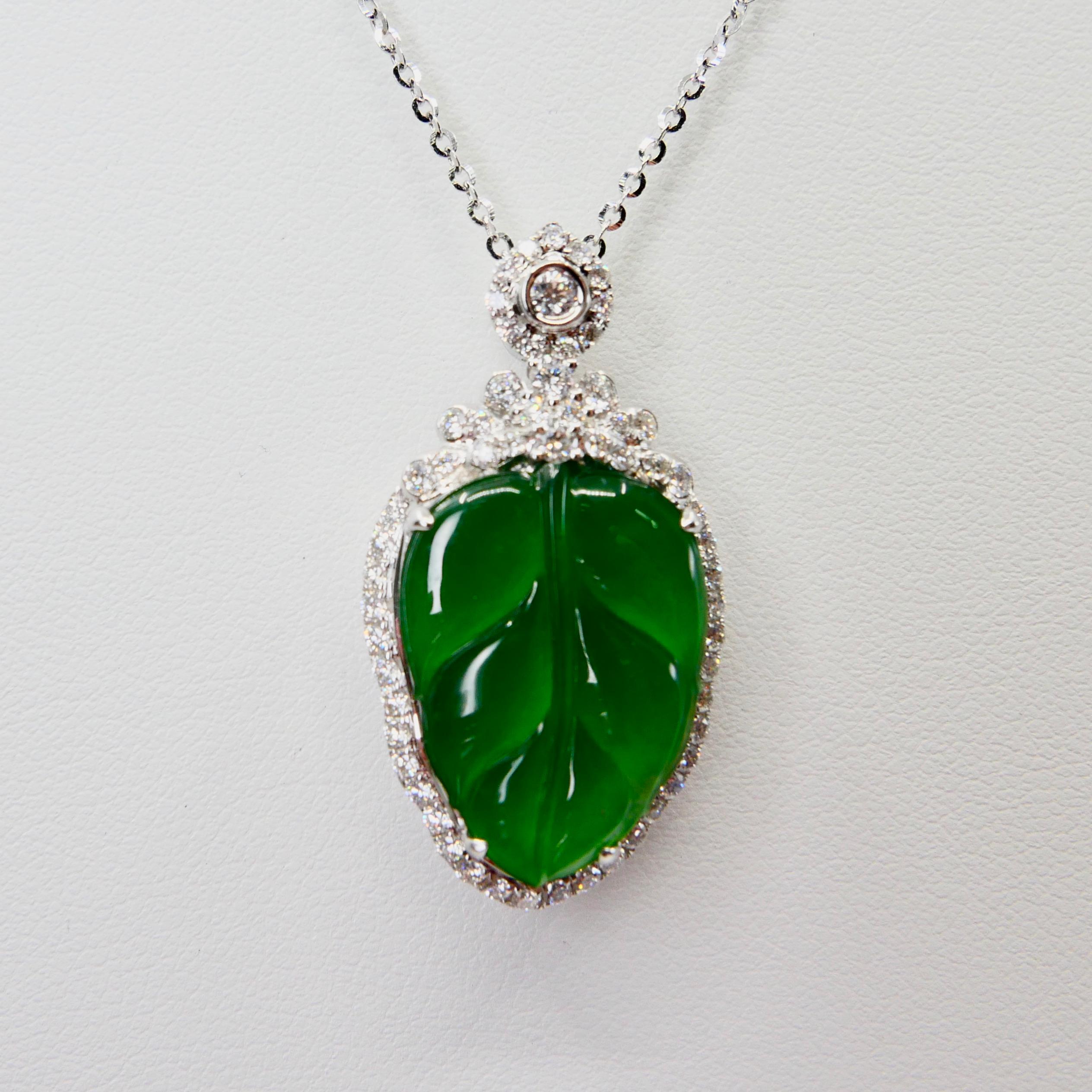 Certified Jadeite Jade and Diamond Pendant Drop Necklace, Imperial Green Jade 1