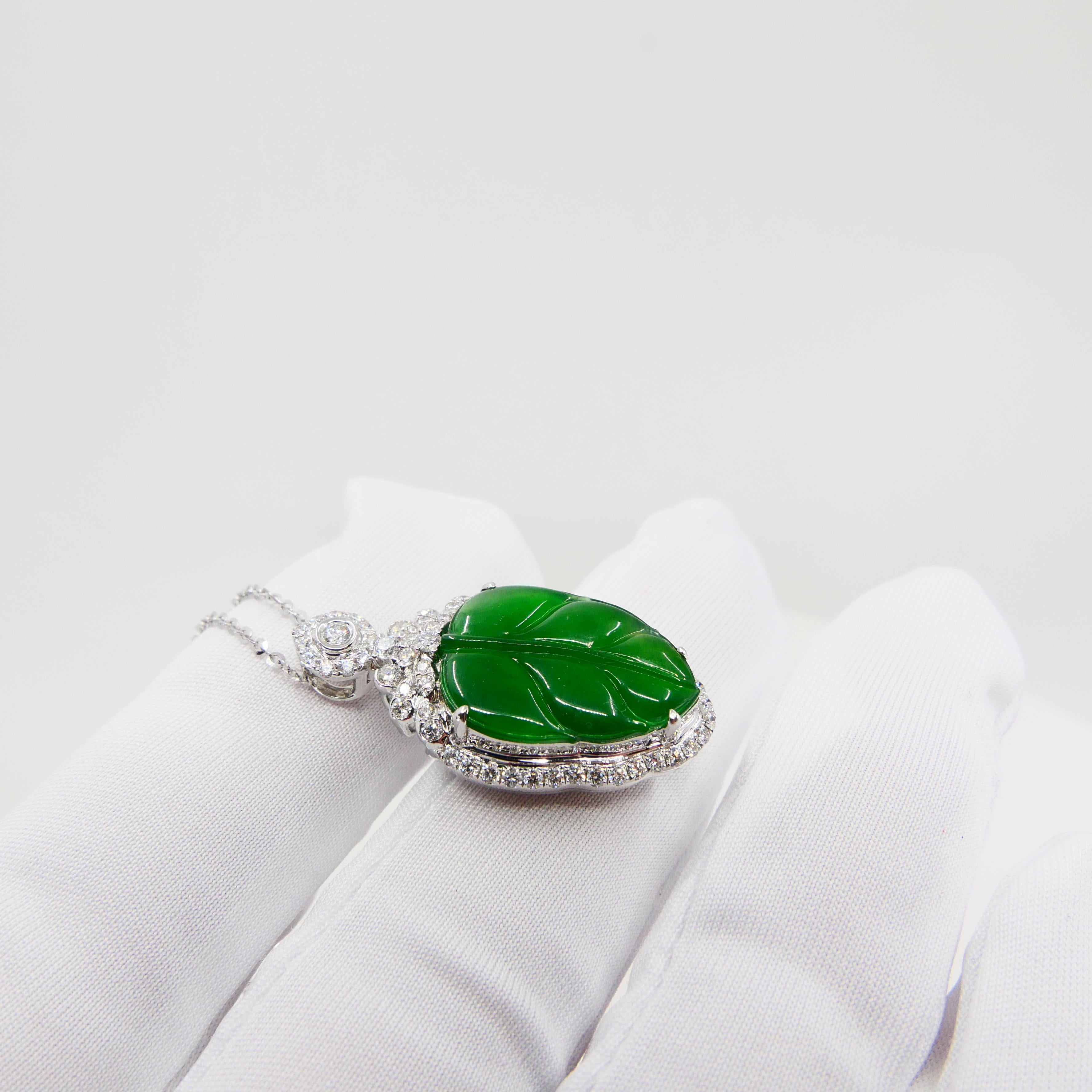 Certified Jadeite Jade and Diamond Pendant Drop Necklace, Imperial Green Jade 2