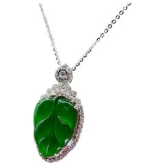 Certified Jadeite Jade and Diamond Pendant Drop Necklace, Imperial Green Jade