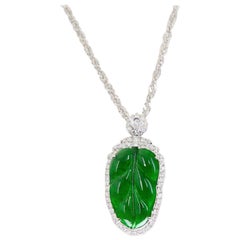 Certified Jadeite Jade and Diamond Pendant Drop Necklace, Imperial Green Jade