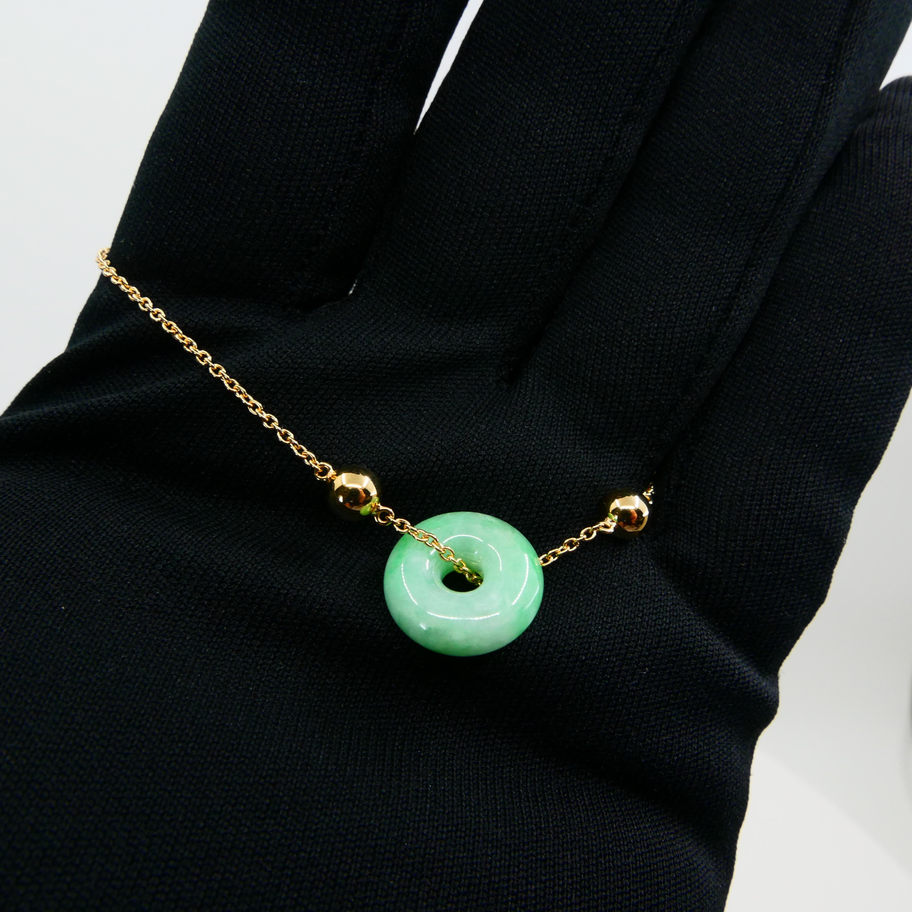 Certified Jadeite Jade Bracelet, 18K Yellow Gold, Patches of Apple Green In New Condition In Hong Kong, HK