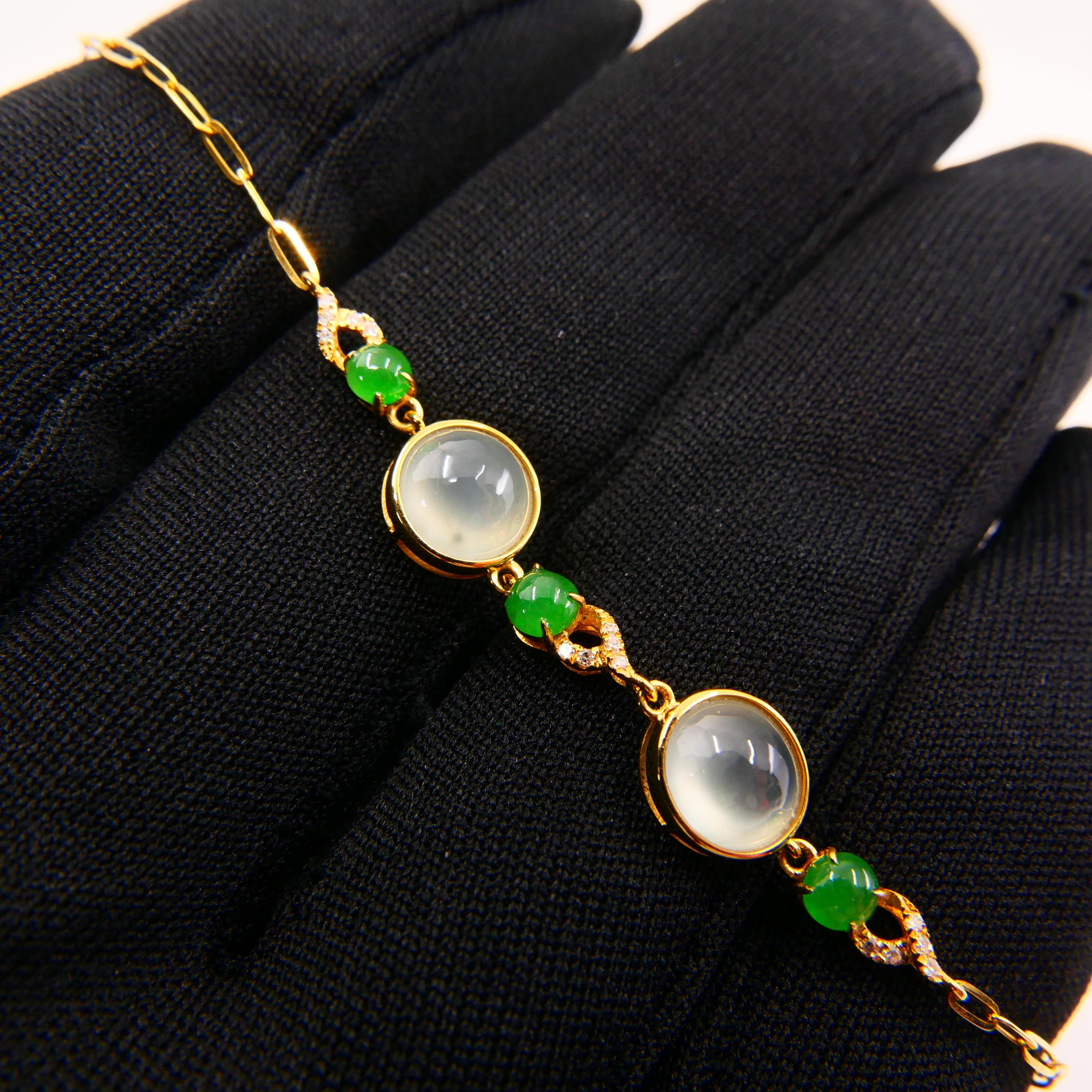 Rough Cut Certified Jadeite Jade Bracelet with Diamonds, Icy and Imperial Jade