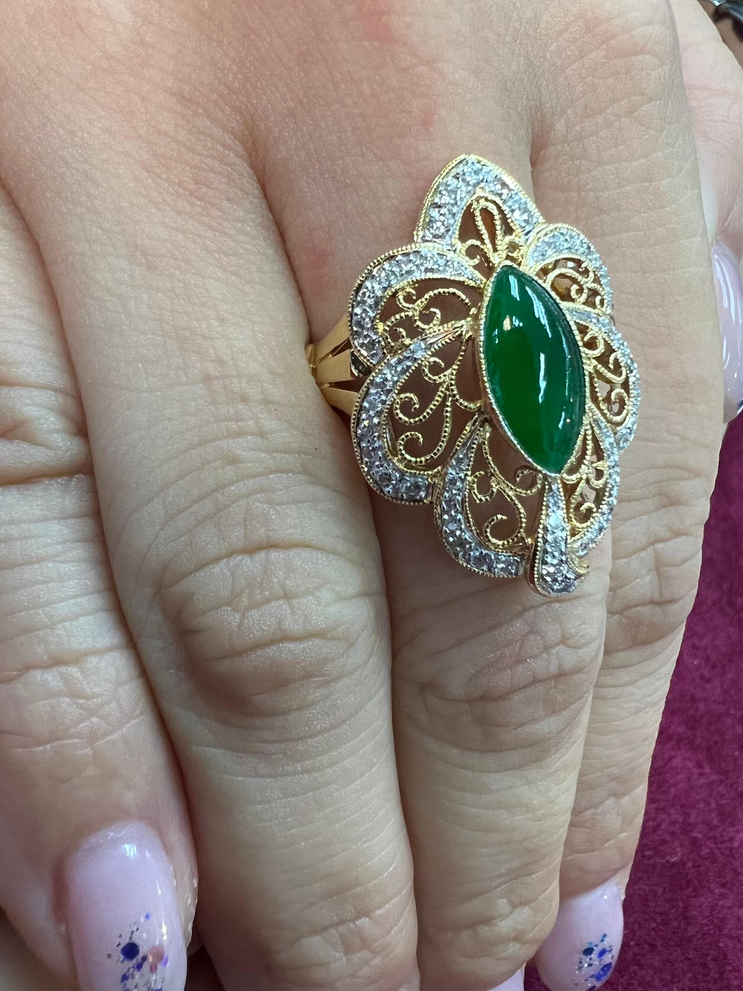 Certified Jadeite Jade & Diamond Cocktail Ring, Intense Apple Green Color For Sale 6