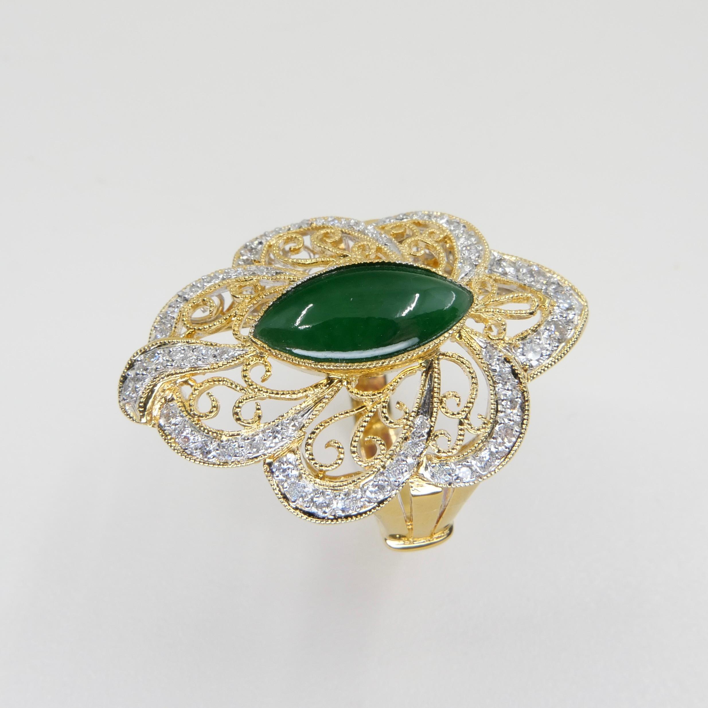 Marquise Cut Certified Jadeite Jade & Diamond Cocktail Ring, Intense Apple Green Color For Sale