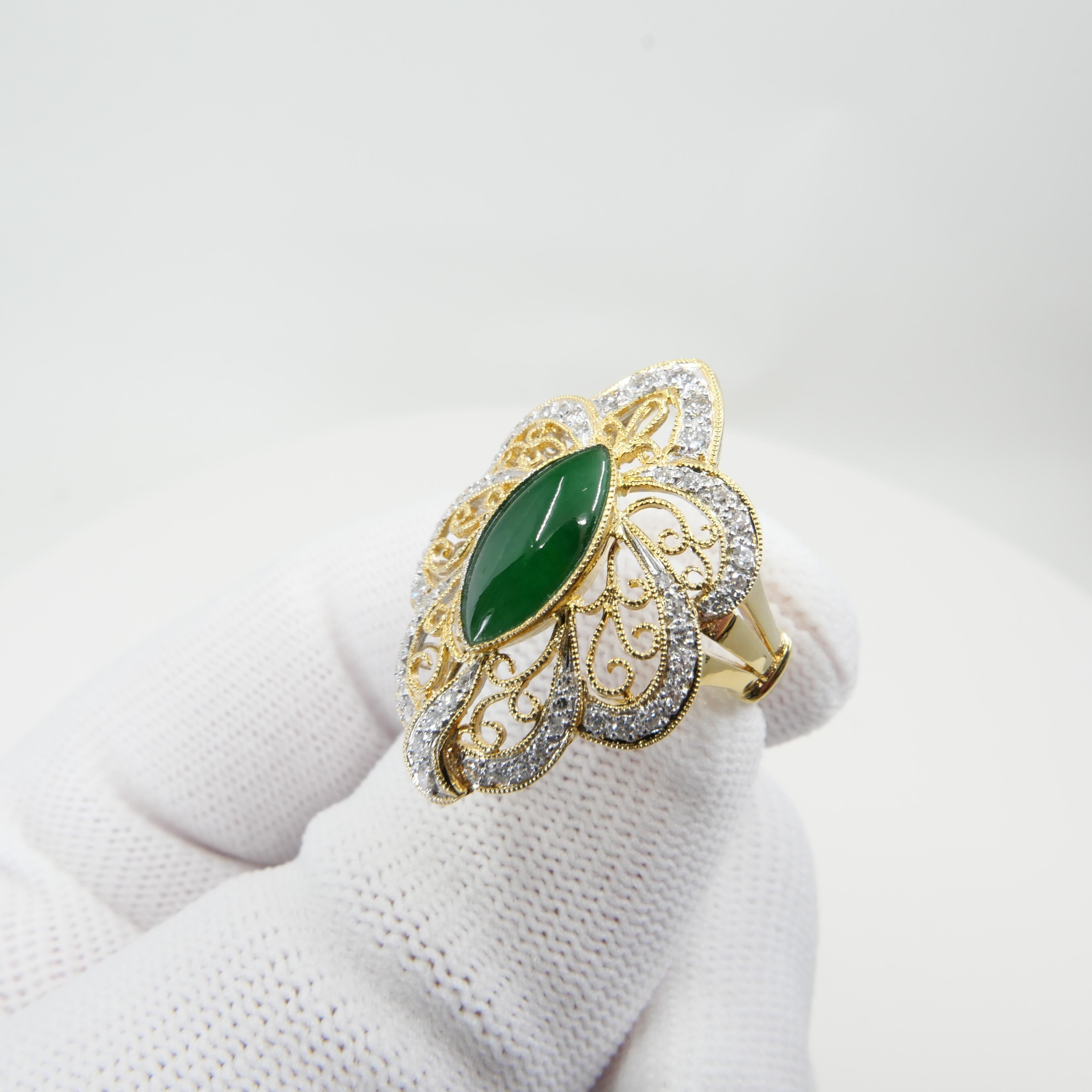 Certified Jadeite Jade & Diamond Cocktail Ring, Intense Apple Green Color In New Condition For Sale In Hong Kong, HK